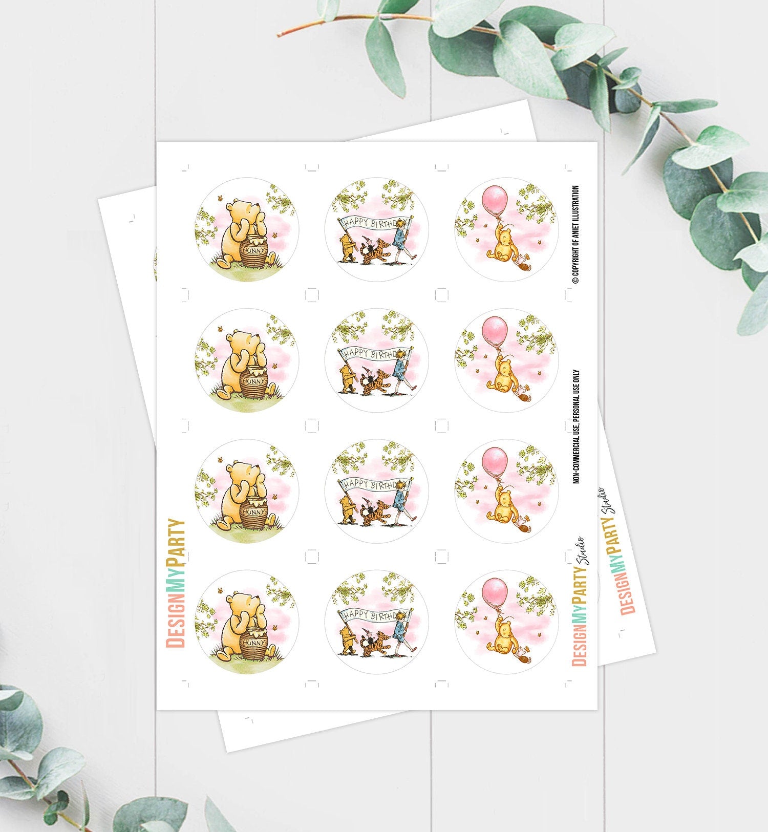 Classic Winnie The Pooh Birthday Cupcake Toppers Pooh Favor Tags Pooh Party Decor 1st Girl Pink Rustic Download Digital PRINTABLE 0425