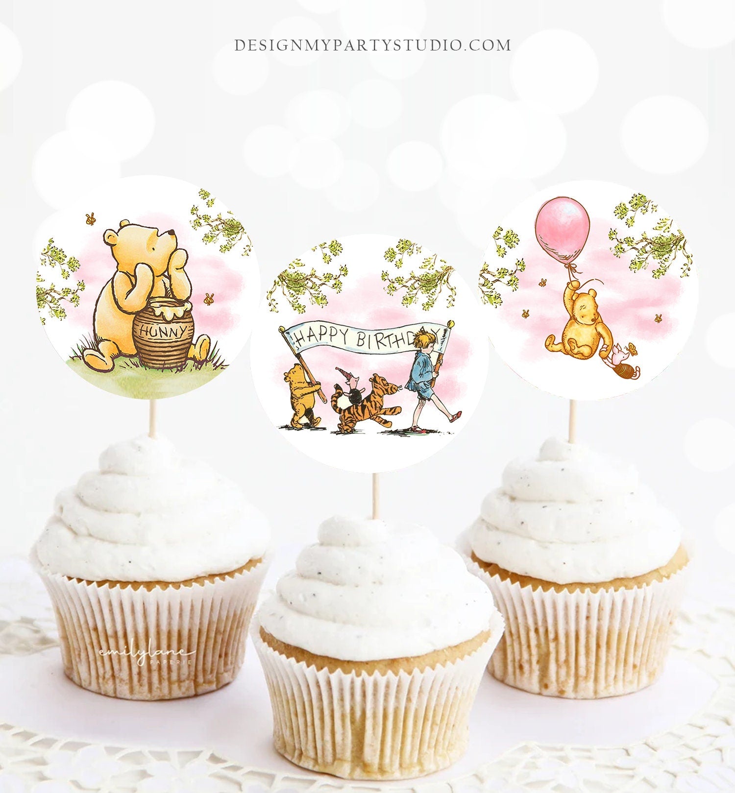 Classic Winnie The Pooh Birthday Cupcake Toppers Pooh Favor Tags Pooh Party Decor 1st Girl Pink Rustic Download Digital PRINTABLE 0425