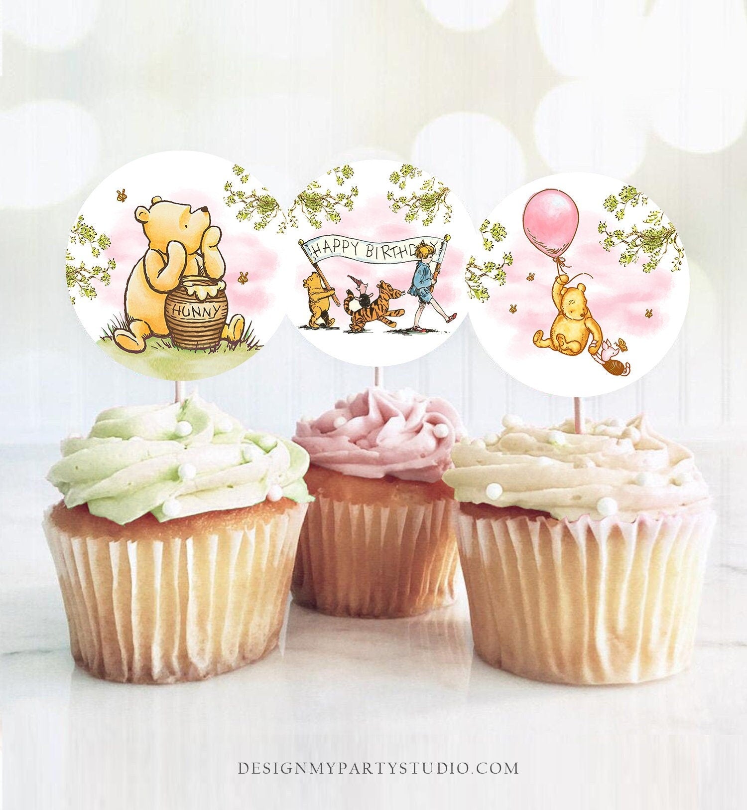 Classic Winnie The Pooh Birthday Cupcake Toppers Pooh Favor Tags Pooh Party Decor 1st Girl Pink Rustic Download Digital PRINTABLE 0425