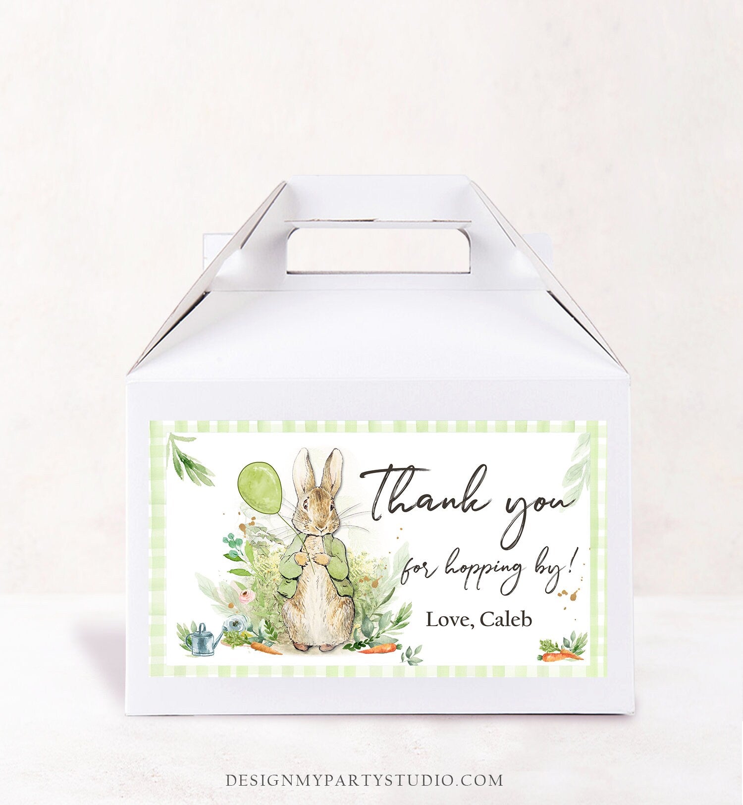 Editable Peter Rabbit Gable Gift Box Label Bunny Favors Peter Rabbit Birthday Thank You Hopping Neutral Green Download Printable Corjl 0351