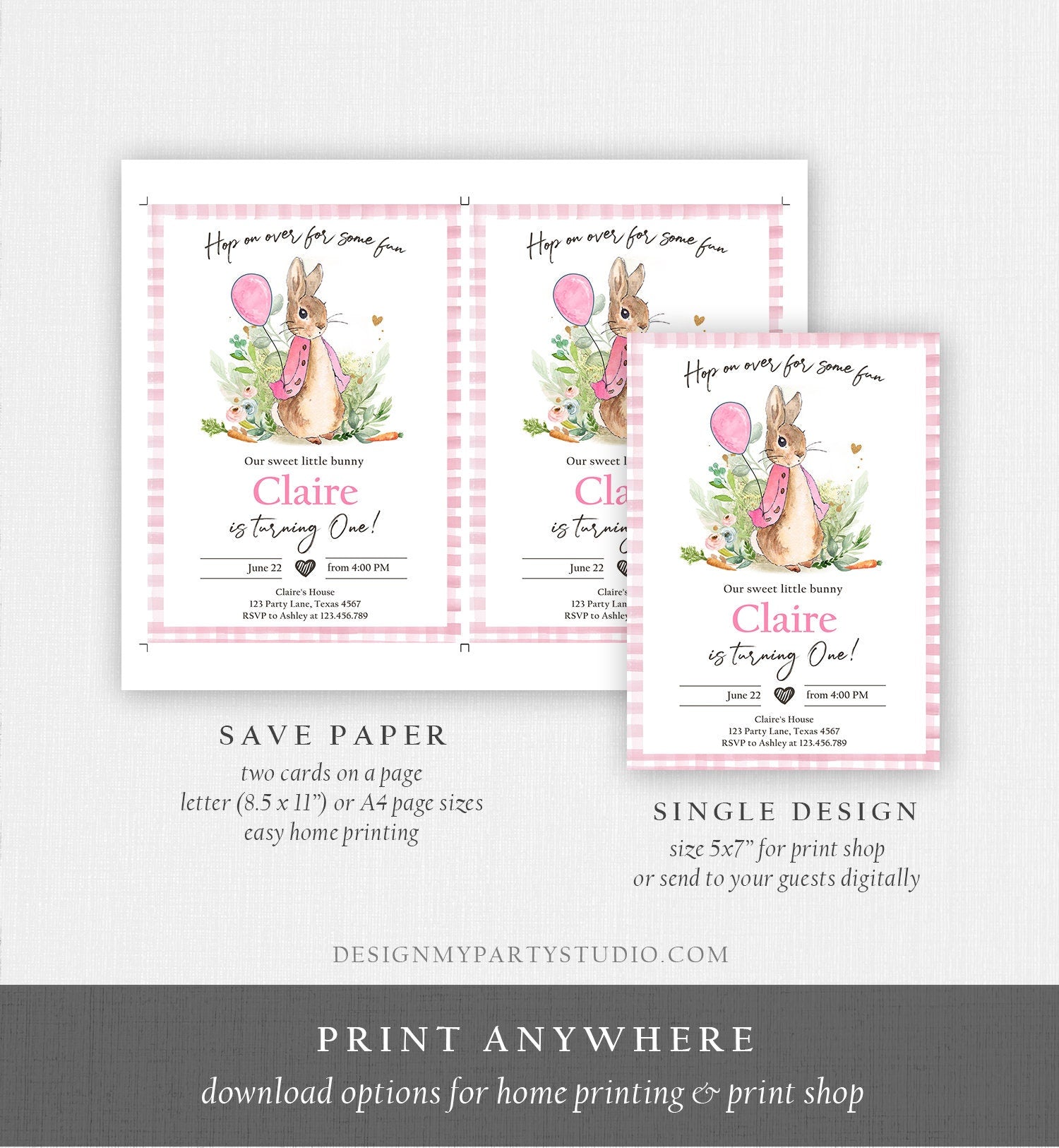 Editable Flopsy Bunny Birthday Invitation Girl Pink Rustic Peter Rabbit 1st Birthday Invite Hop on Over Corjl Template Printable 0351