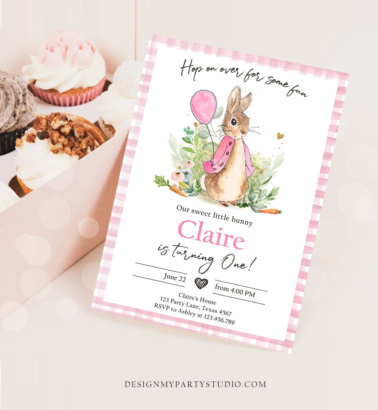 Editable Flopsy Bunny Birthday Invitation Girl Pink Rustic Peter Rabbit 1st Birthday Invite Hop on Over Corjl Template Printable 0351