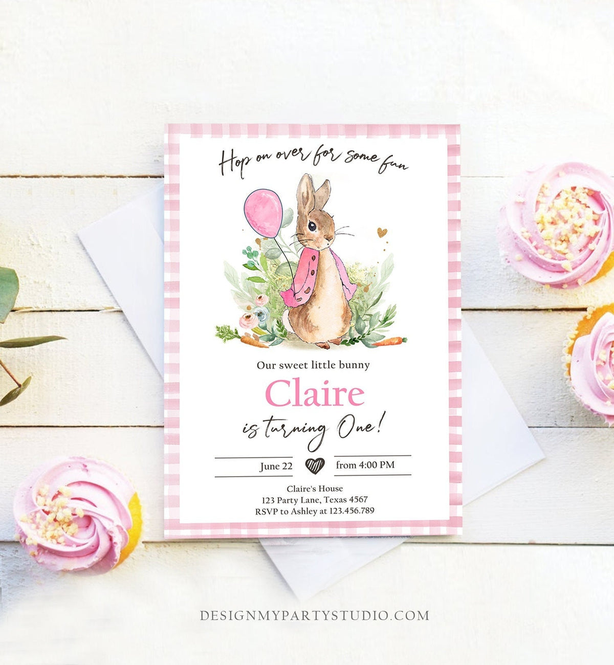 Editable Flopsy Bunny Birthday Invitation Girl Pink Rustic Peter Rabbit 1st Birthday Invite Hop on Over Corjl Template Printable 0351