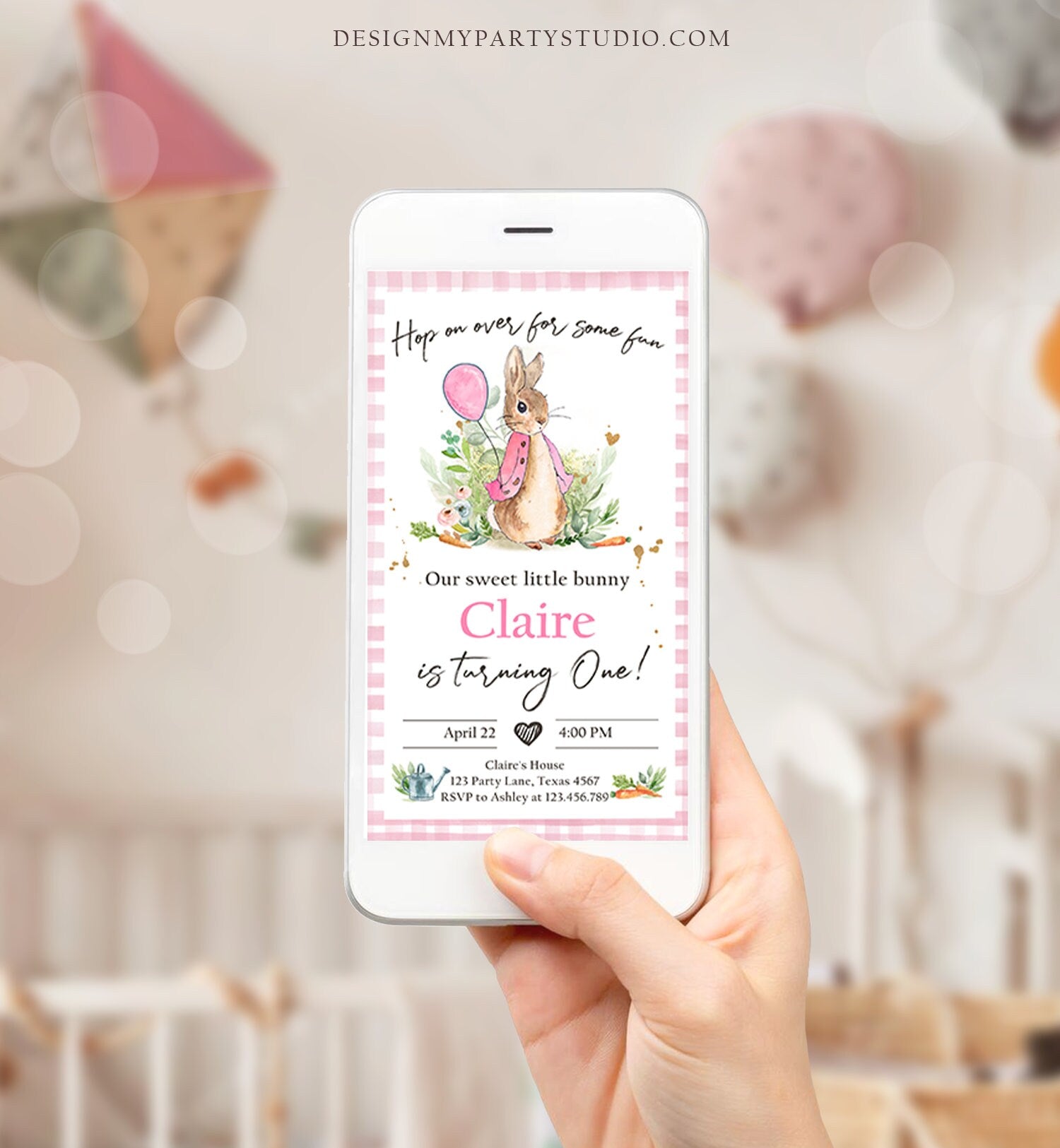 Editable Flopsy Rabbit Birthday Evite Electronic Girl Pink Rustic Bunny First Birthday Invitation Hop On Over Corjl Template Phone 0351