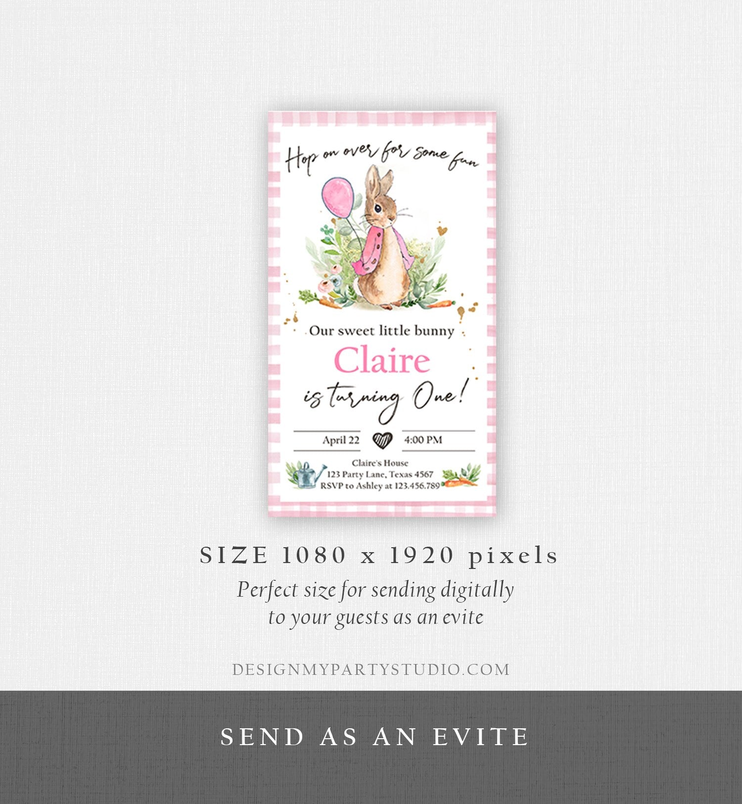 Editable Flopsy Rabbit Birthday Evite Electronic Girl Pink Rustic Bunny First Birthday Invitation Hop On Over Corjl Template Phone 0351