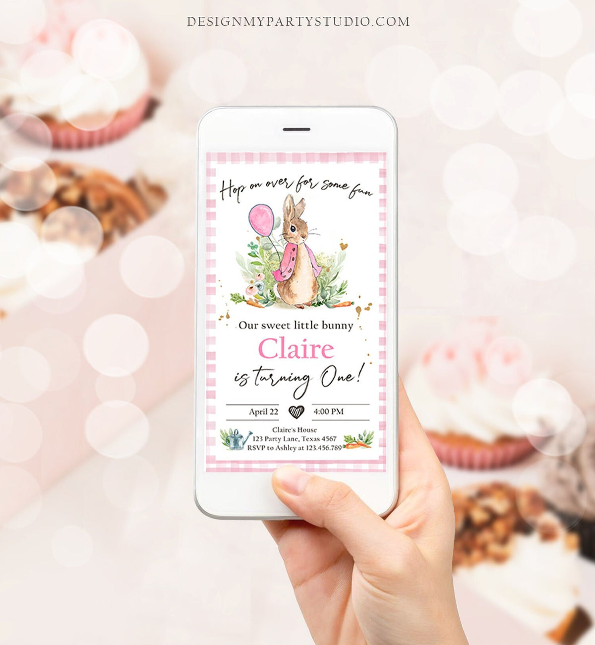 Editable Flopsy Rabbit Birthday Evite Electronic Girl Pink Rustic Bunny First Birthday Invitation Hop On Over Corjl Template Phone 0351