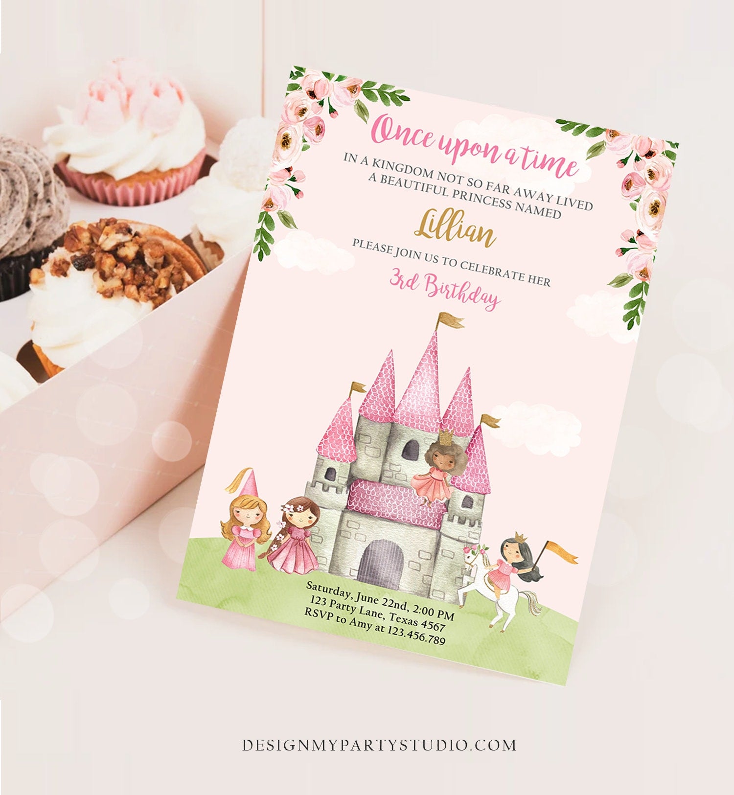 Editable Princess Birthday Invitation Once Upon a Time Princess Invitation Royal Birthday Girl Pink Castle Template Corjl Printable 0171