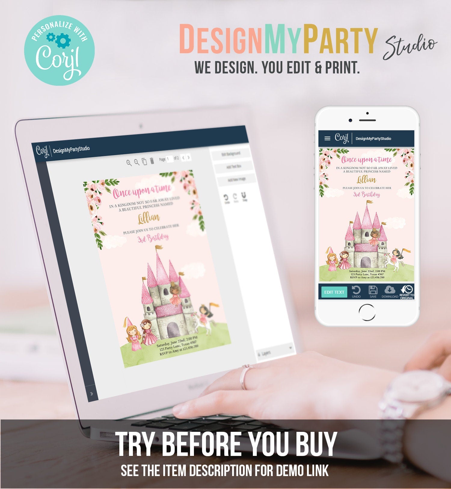 Editable Princess Birthday Invitation Once Upon a Time Princess Invitation Royal Birthday Girl Pink Castle Template Corjl Printable 0171