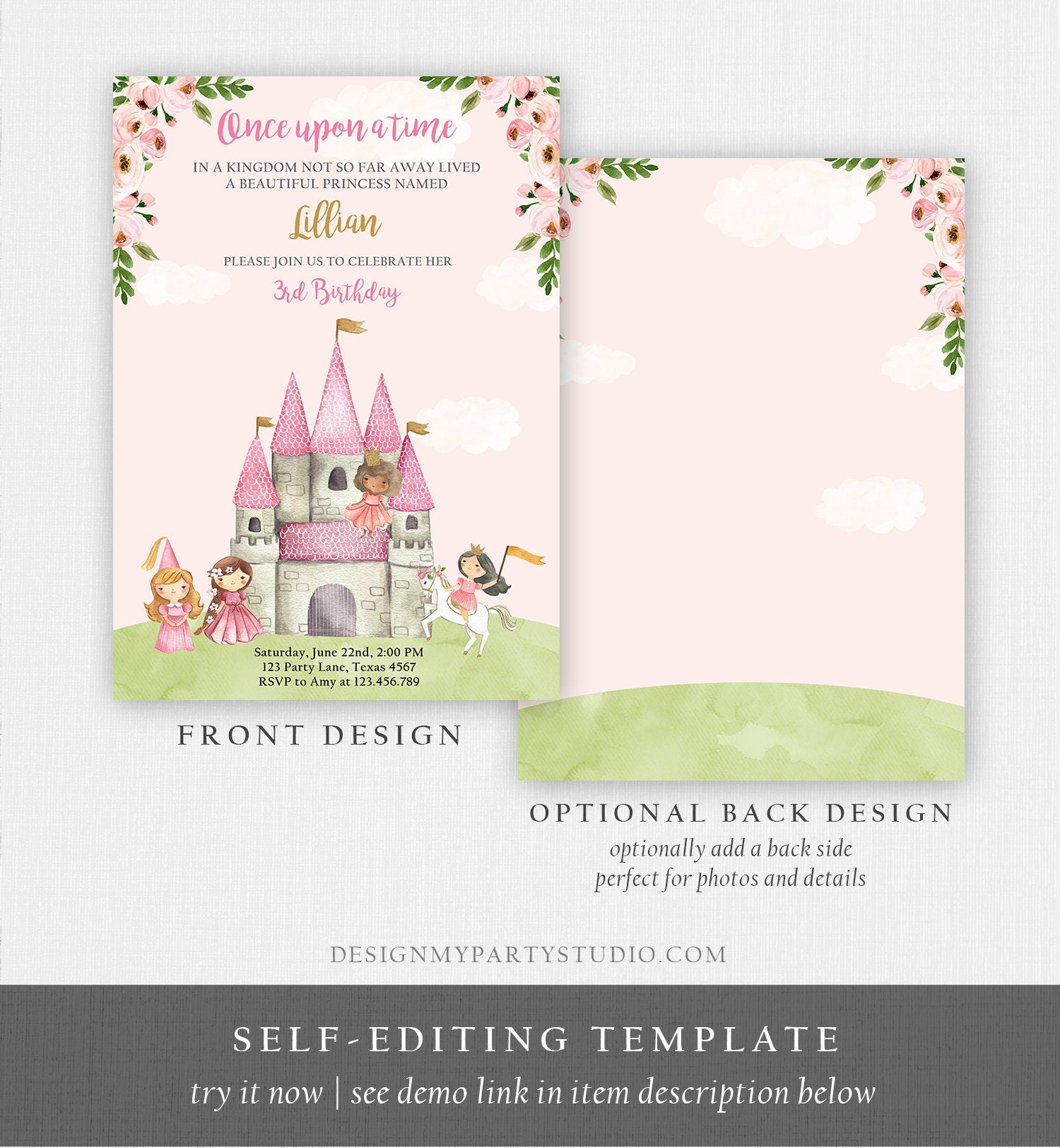 Editable Princess Birthday Invitation Once Upon a Time Princess Invitation Royal Birthday Girl Pink Castle Template Corjl Printable 0171