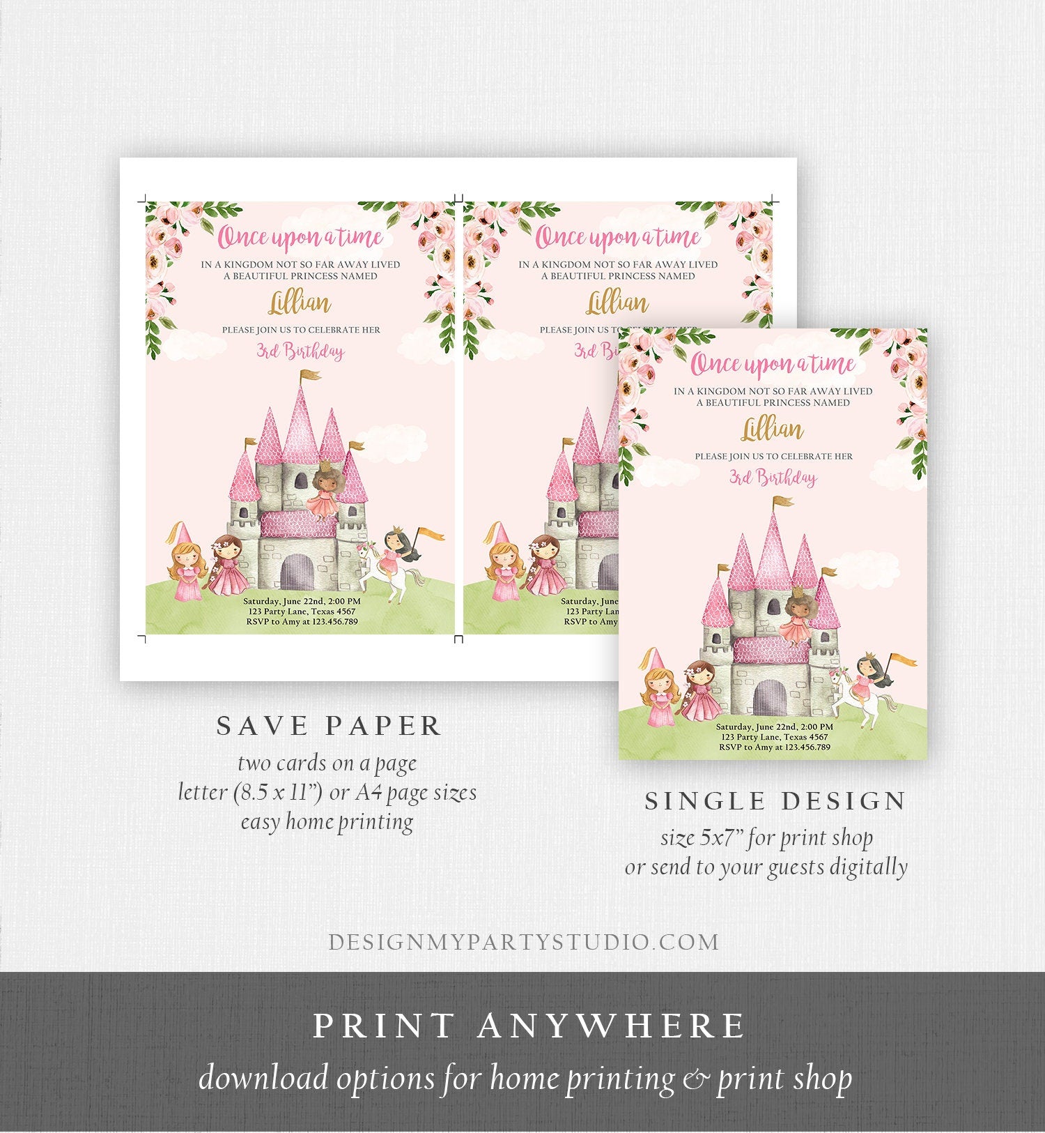 Editable Princess Birthday Invitation Once Upon a Time Princess Invitation Royal Birthday Girl Pink Castle Template Corjl Printable 0171