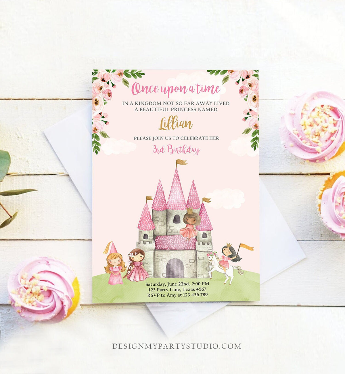 Editable Princess Birthday Invitation Once Upon a Time Princess Invitation Royal Birthday Girl Pink Castle Template Corjl Printable 0171