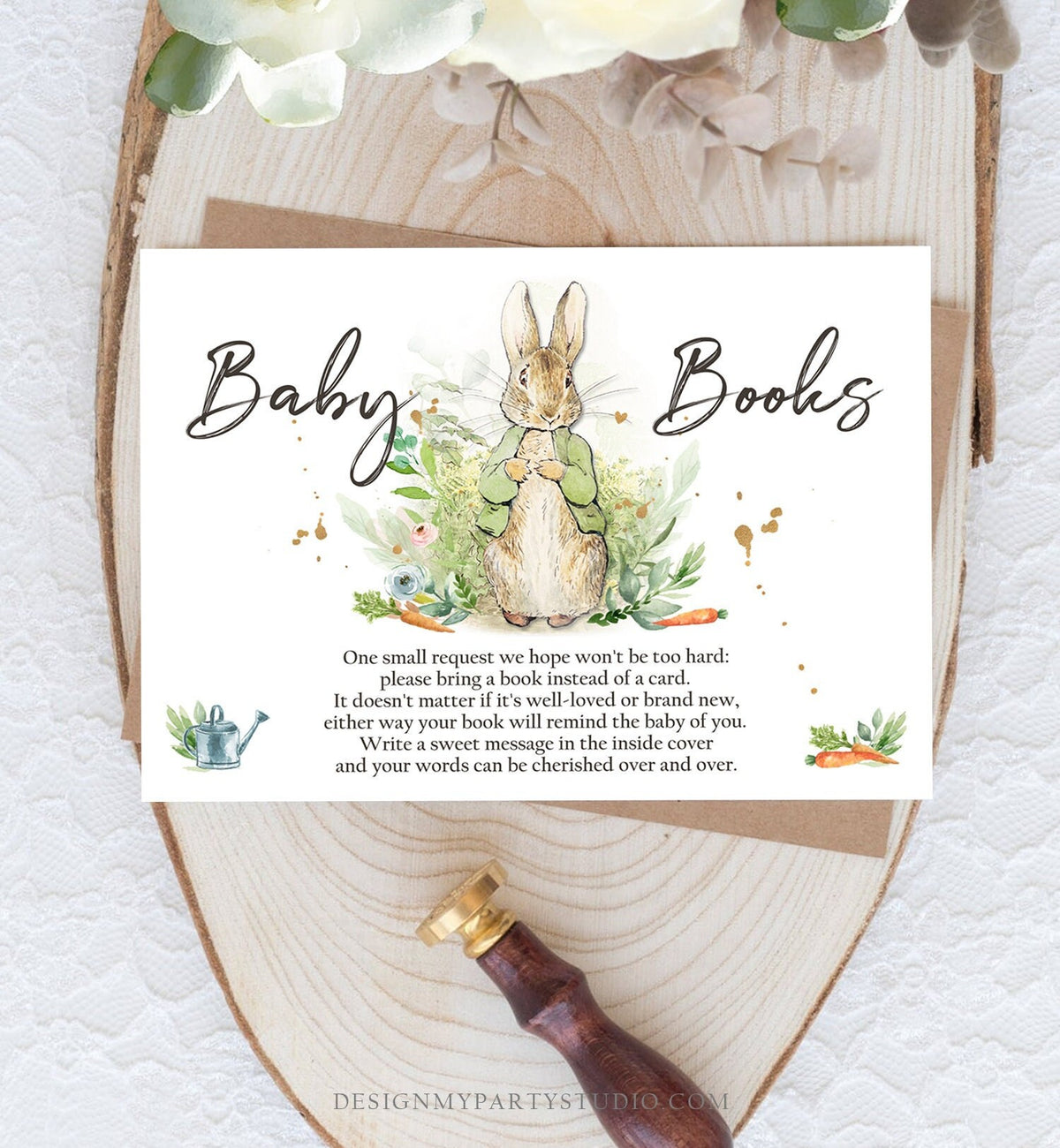 Editable Peter Rabbit Bring a Book Card Baby Shower Book Insert Books for Baby Gender Green Neutral Spring Corjl Template PRINTABLE 0351