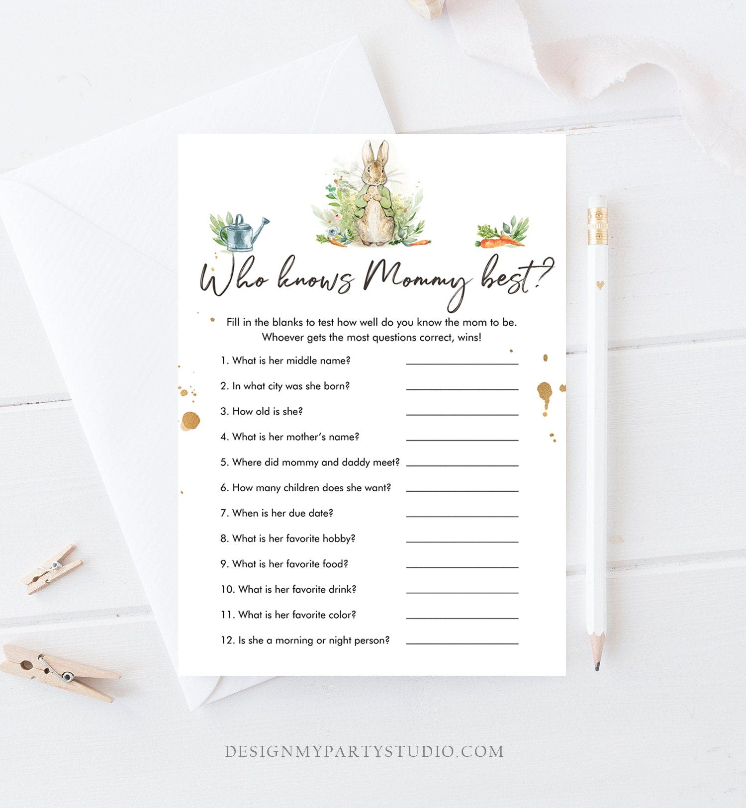 Editable Who Knows Mommy Best Baby Shower Game Greenery Peter Rabbit Baby Shower Bunny Shower Gender Neutral Corjl Template Printable 0351