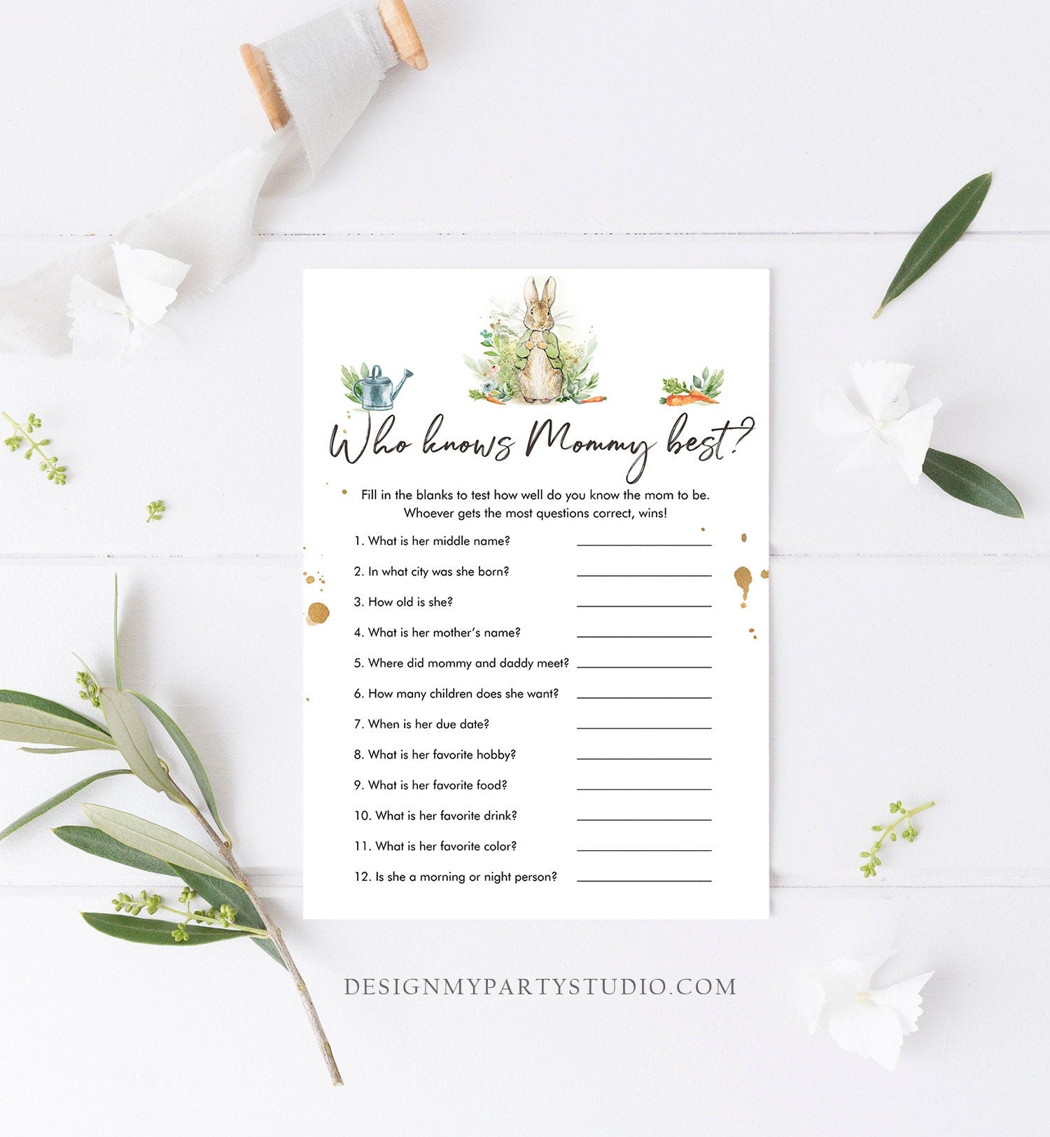 Editable Who Knows Mommy Best Baby Shower Game Greenery Peter Rabbit Baby Shower Bunny Shower Gender Neutral Corjl Template Printable 0351