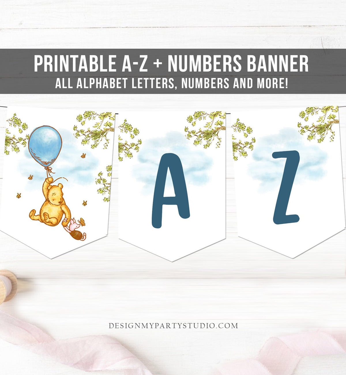 Winnie The Pooh Alphabet Banner Letters A to Z Numbers Classic Pooh Birthday Boy Blue Pooh Decor Shower Download PRINTABLE DIGITAL DIY 0425