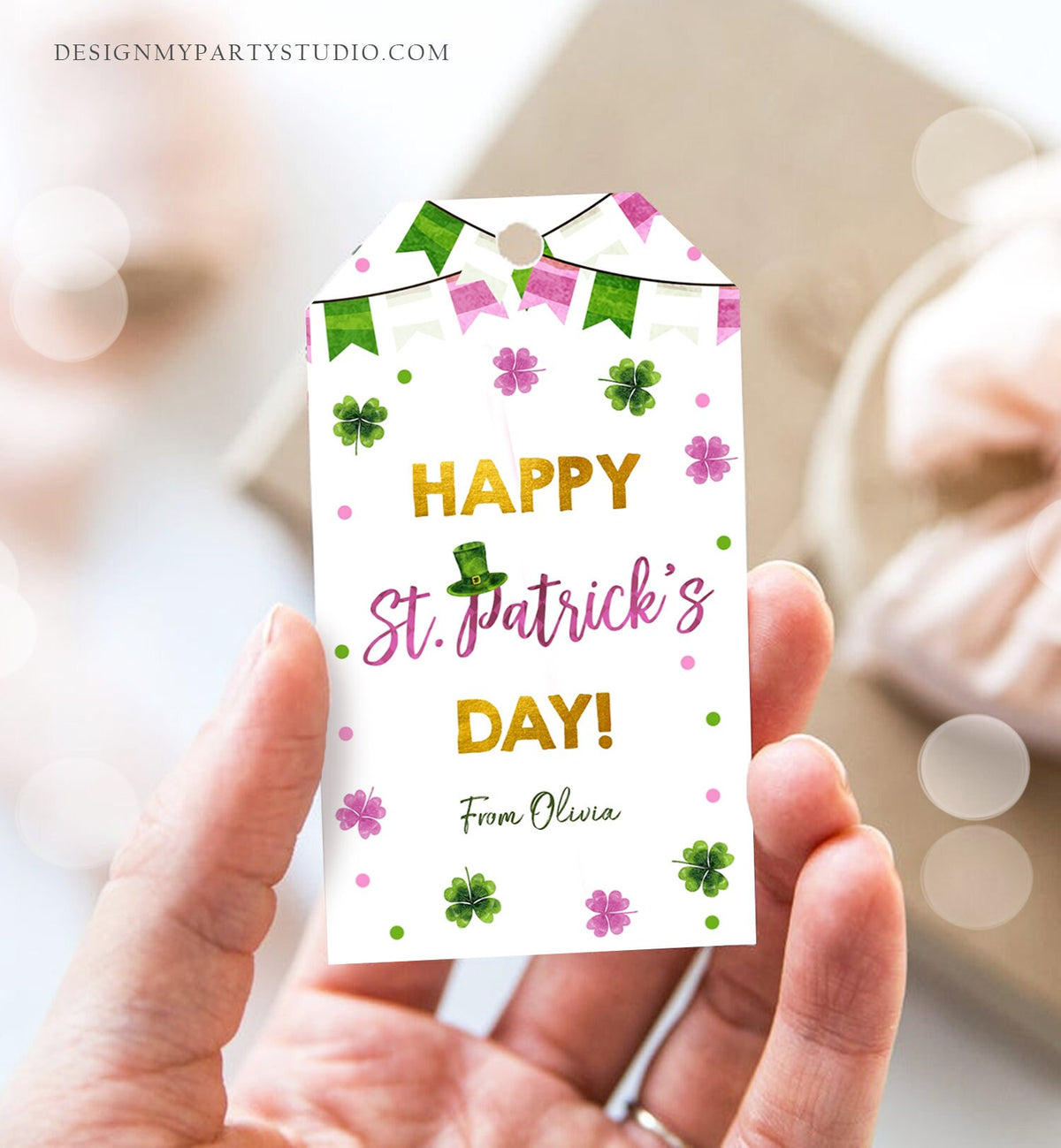 Editable Happy St Patrick&#39;s Day Thank You Favor Tag Lucky One Horseshoe Girl Pink Gold Clover Teacher Appreciation Corjl Template 0451 0379