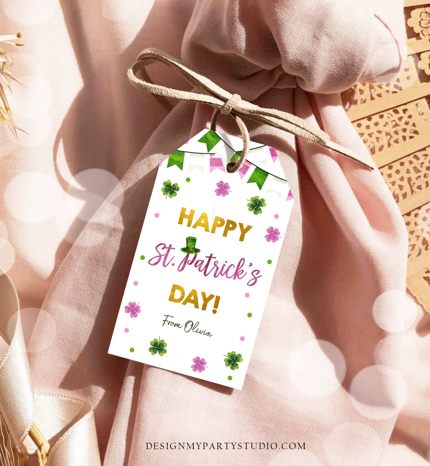 Editable Happy St Patrick's Day Thank You Favor Tag Lucky One Horseshoe Girl Pink Gold Clover Teacher Appreciation Corjl Template 0451 0379