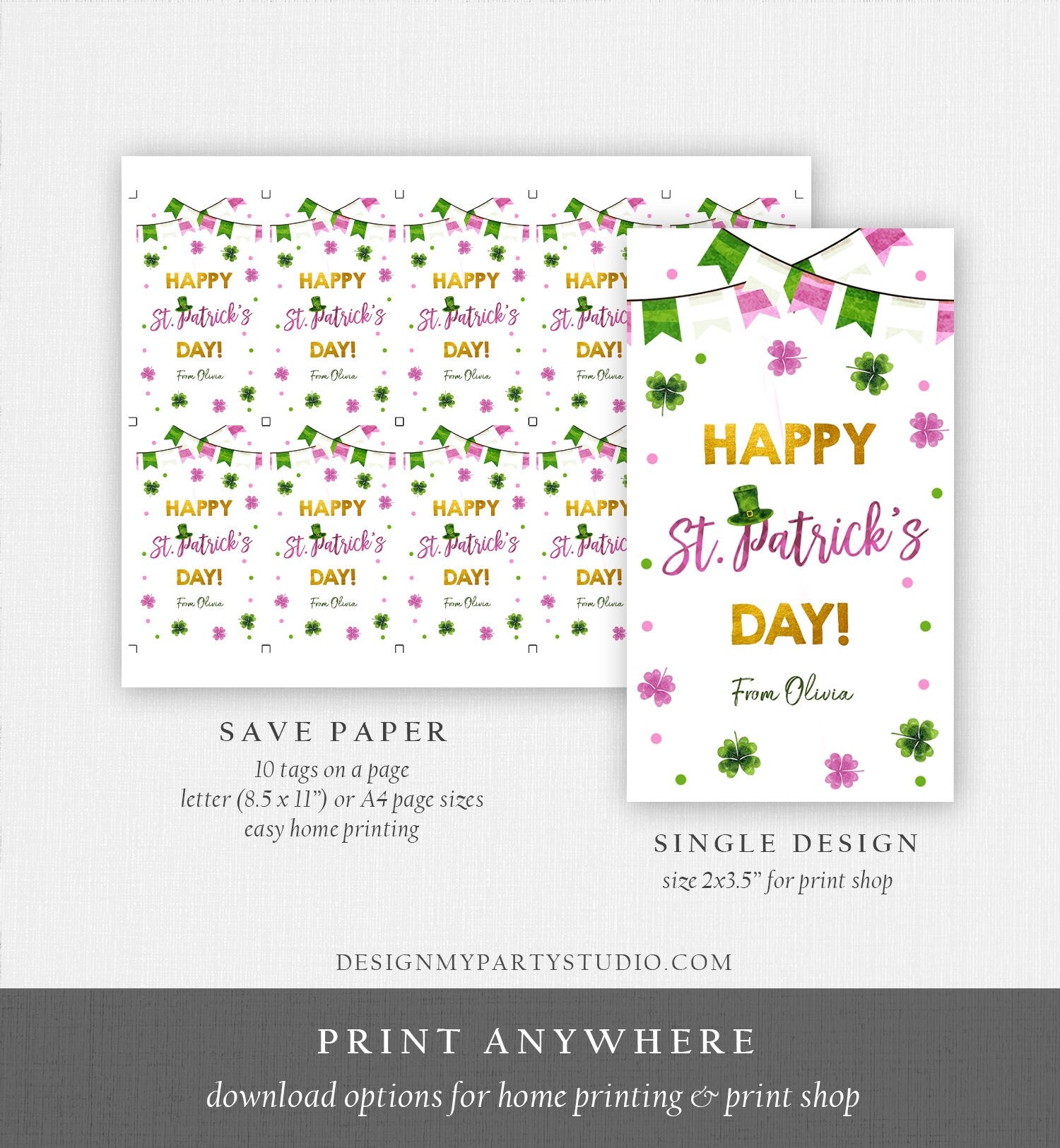 Editable Happy St Patrick's Day Thank You Favor Tag Lucky One Horseshoe Girl Pink Gold Clover Teacher Appreciation Corjl Template 0451 0379