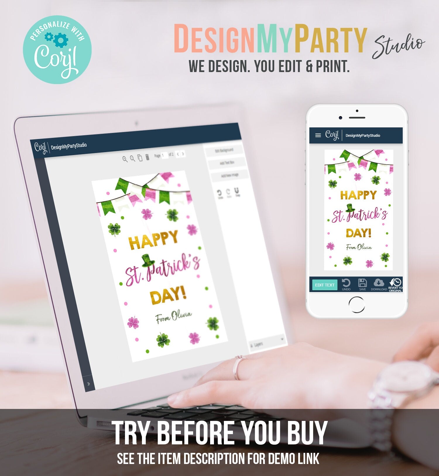 Editable Happy St Patrick's Day Thank You Favor Tag Lucky One Horseshoe Girl Pink Gold Clover Teacher Appreciation Corjl Template 0451 0379