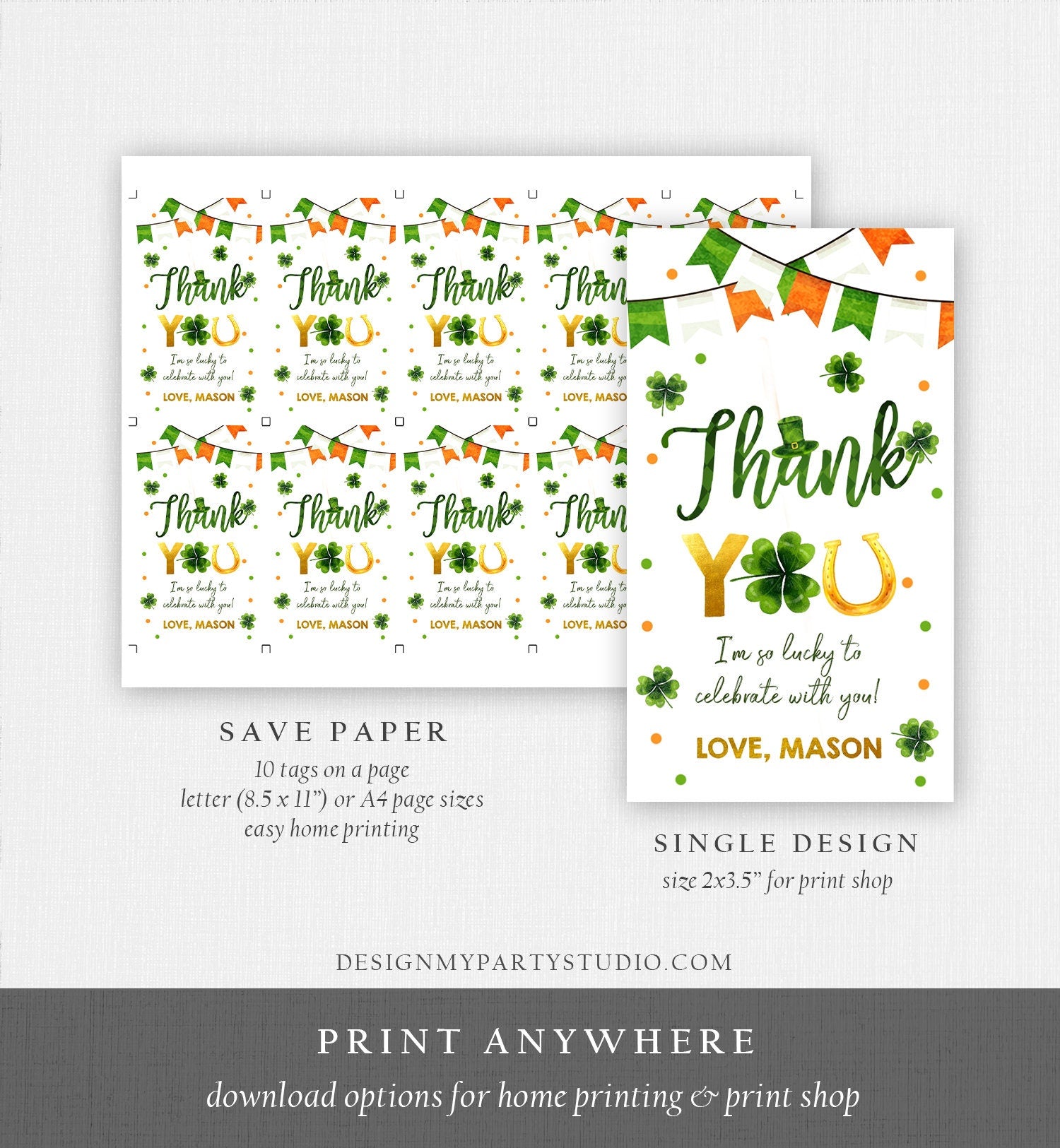 Editable St Patrick's Day Thank You Favor Tag Lucky One Horseshoe Boy Green Gold Clover Shamrock Birthday Party Corjl Template 0451 0379