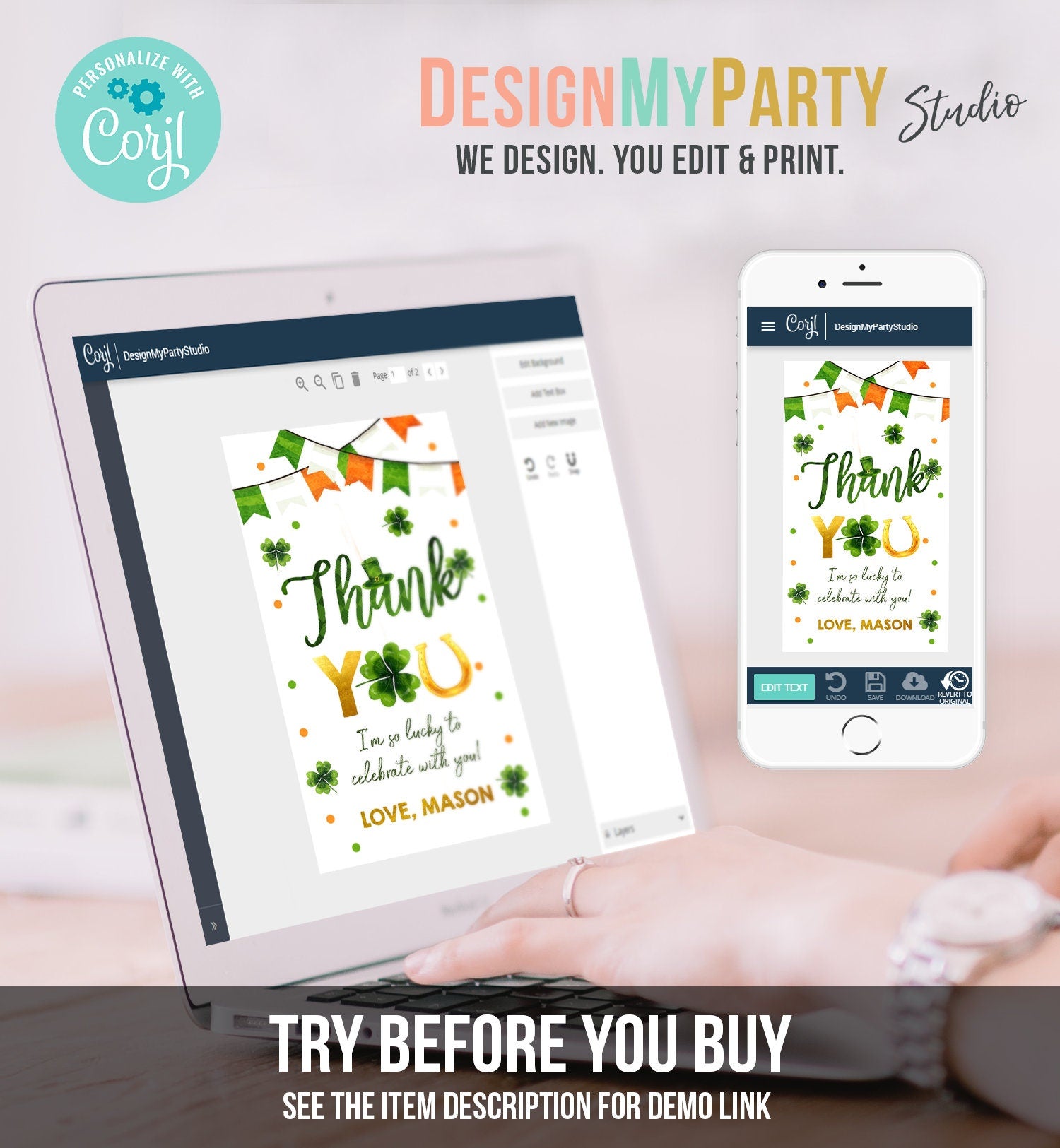 Editable St Patrick's Day Thank You Favor Tag Lucky One Horseshoe Boy Green Gold Clover Shamrock Birthday Party Corjl Template 0451 0379