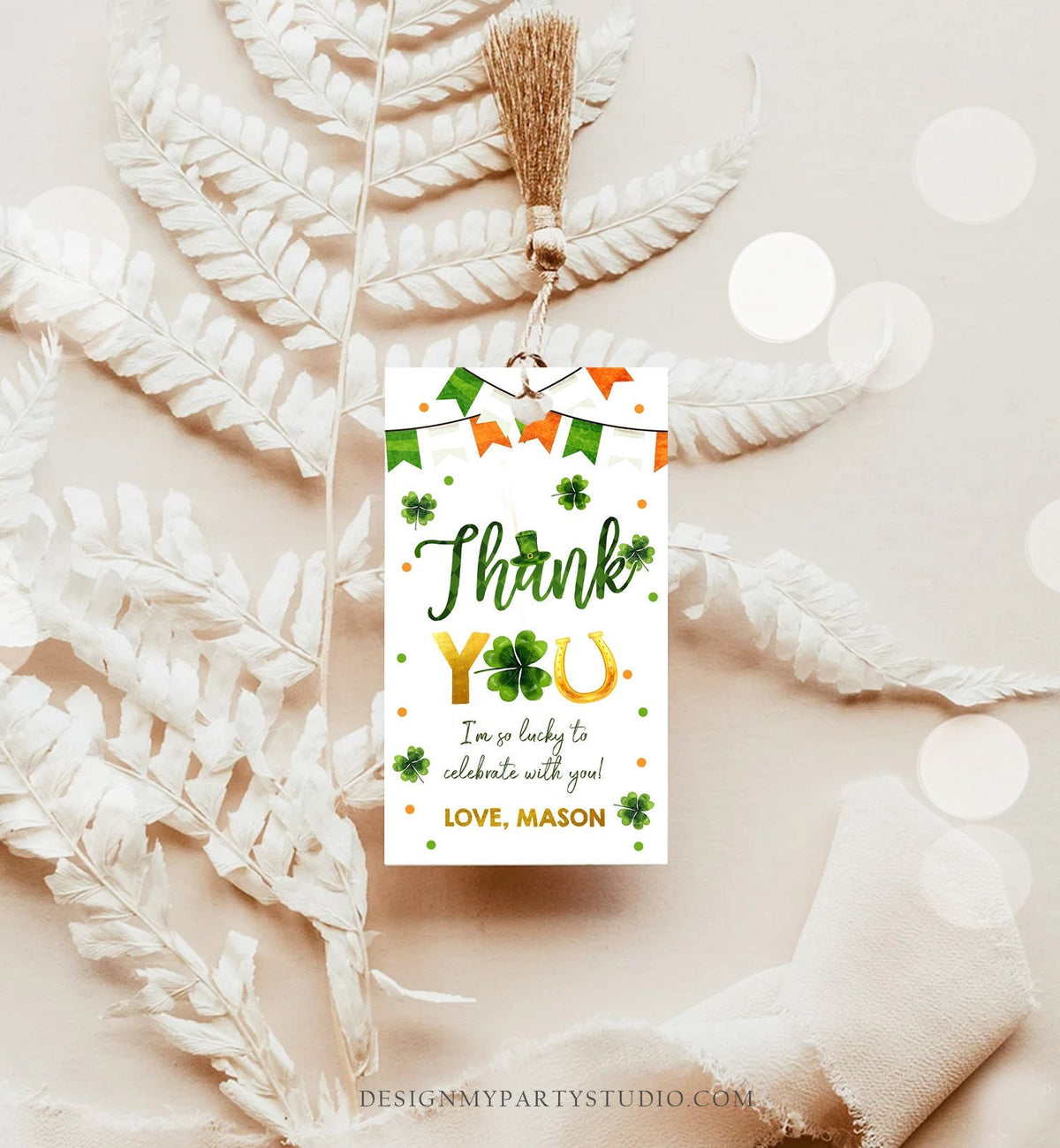 Editable St Patrick&#39;s Day Thank You Favor Tag Lucky One Horseshoe Boy Green Gold Clover Shamrock Birthday Party Corjl Template 0451 0379