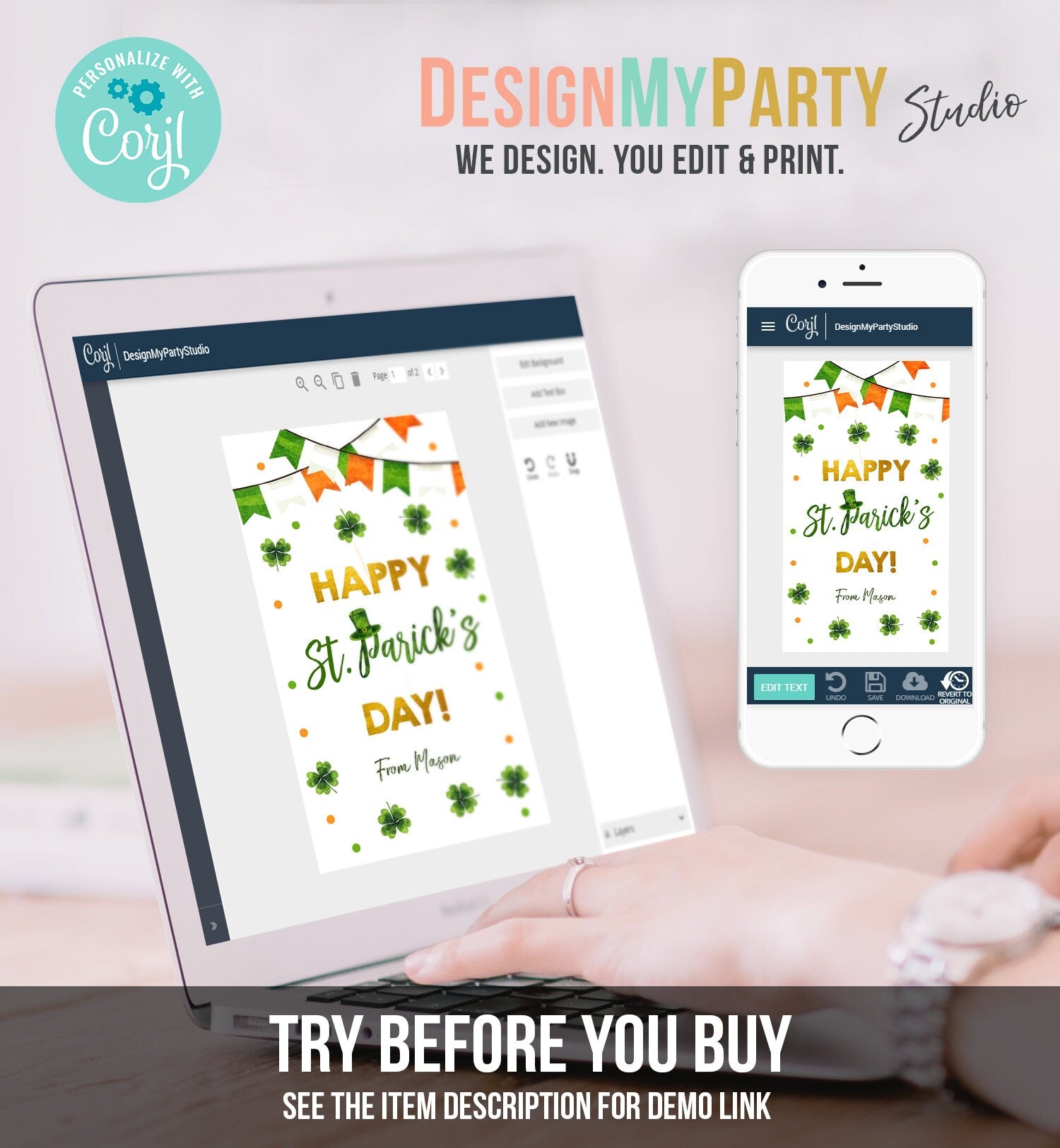 Editable Happy St Patrick's Day Thank You Favor Tag Lucky One Horseshoe Girl Pink Gold Clover Teacher Appreciation Corjl Template 0451 0379