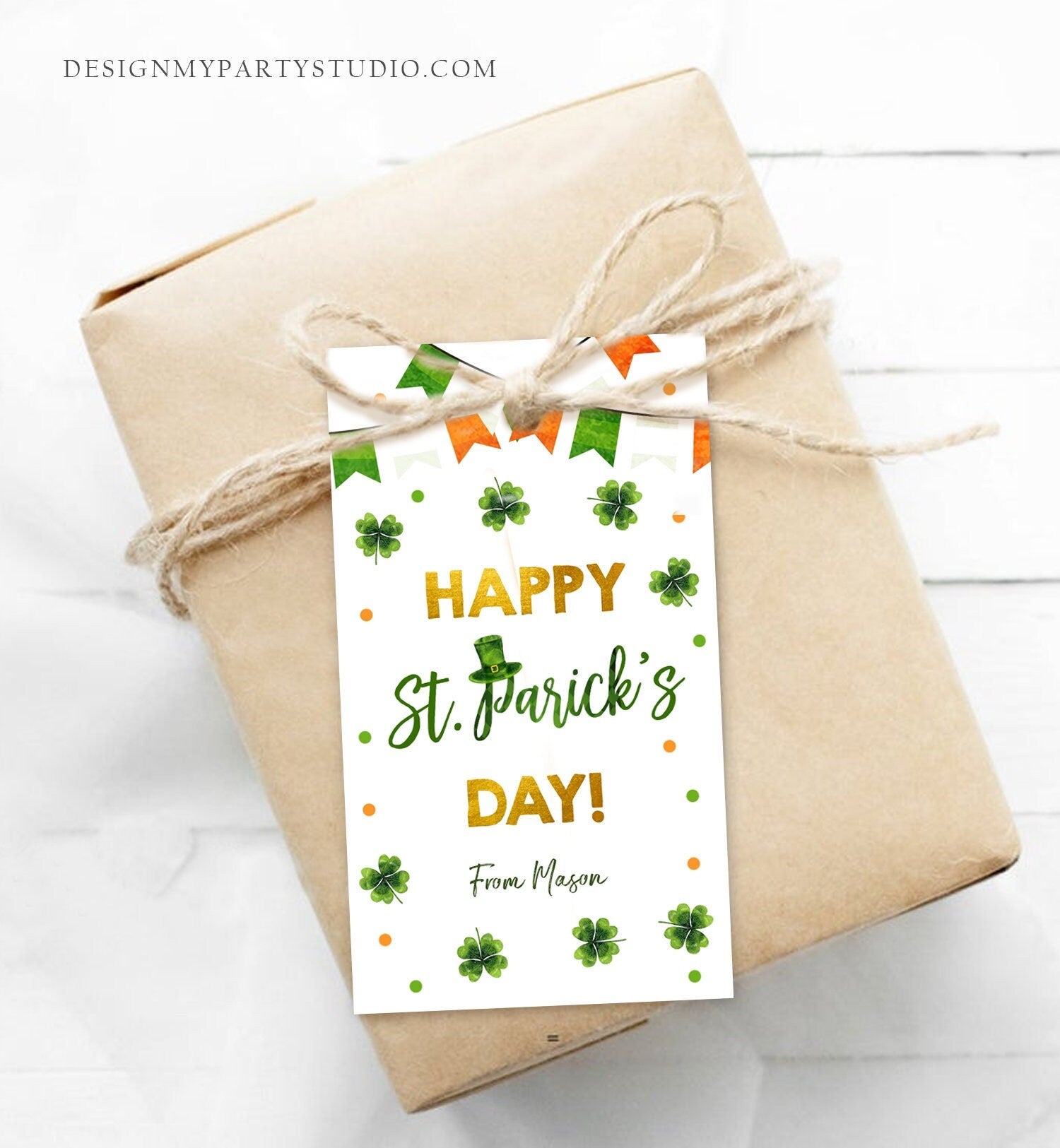 Editable Happy St Patrick's Day Thank You Favor Tag Lucky One Horseshoe Girl Pink Gold Clover Teacher Appreciation Corjl Template 0451 0379