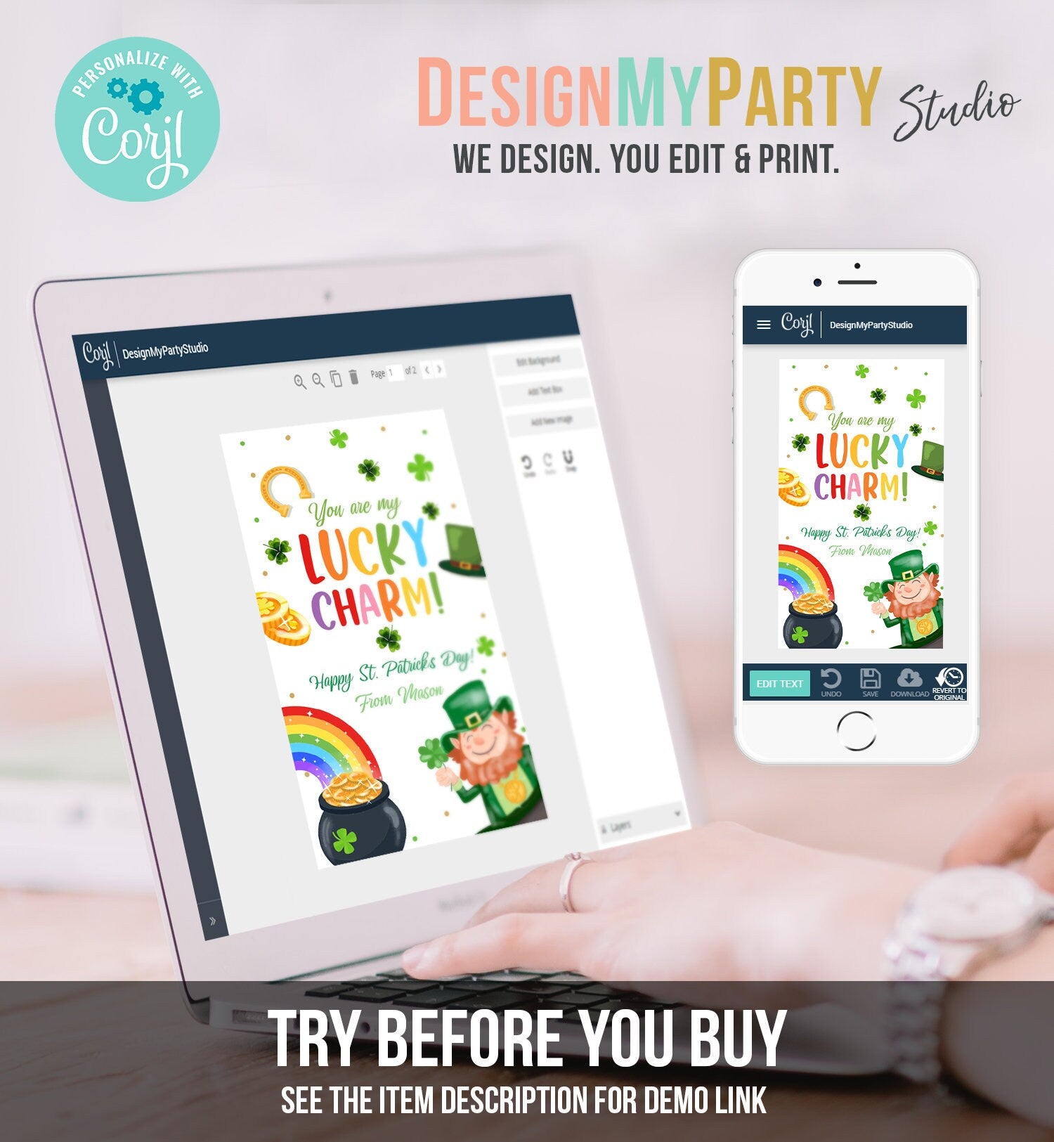 Editable St. Patrick's Day Tag You Are My Lucky Charm Rainbow Favor Tag Friend School Shamrock Cereal Coworker Friend Template Corjl 0451