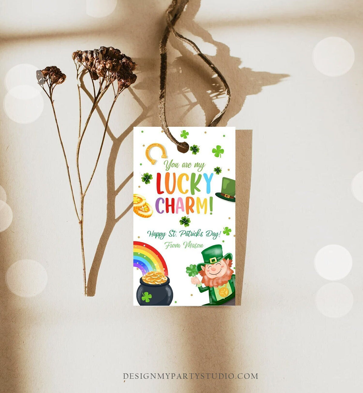 Editable St. Patrick&#39;s Day Tag You Are My Lucky Charm Rainbow Favor Tag Friend School Shamrock Cereal Coworker Friend Template Corjl 0451