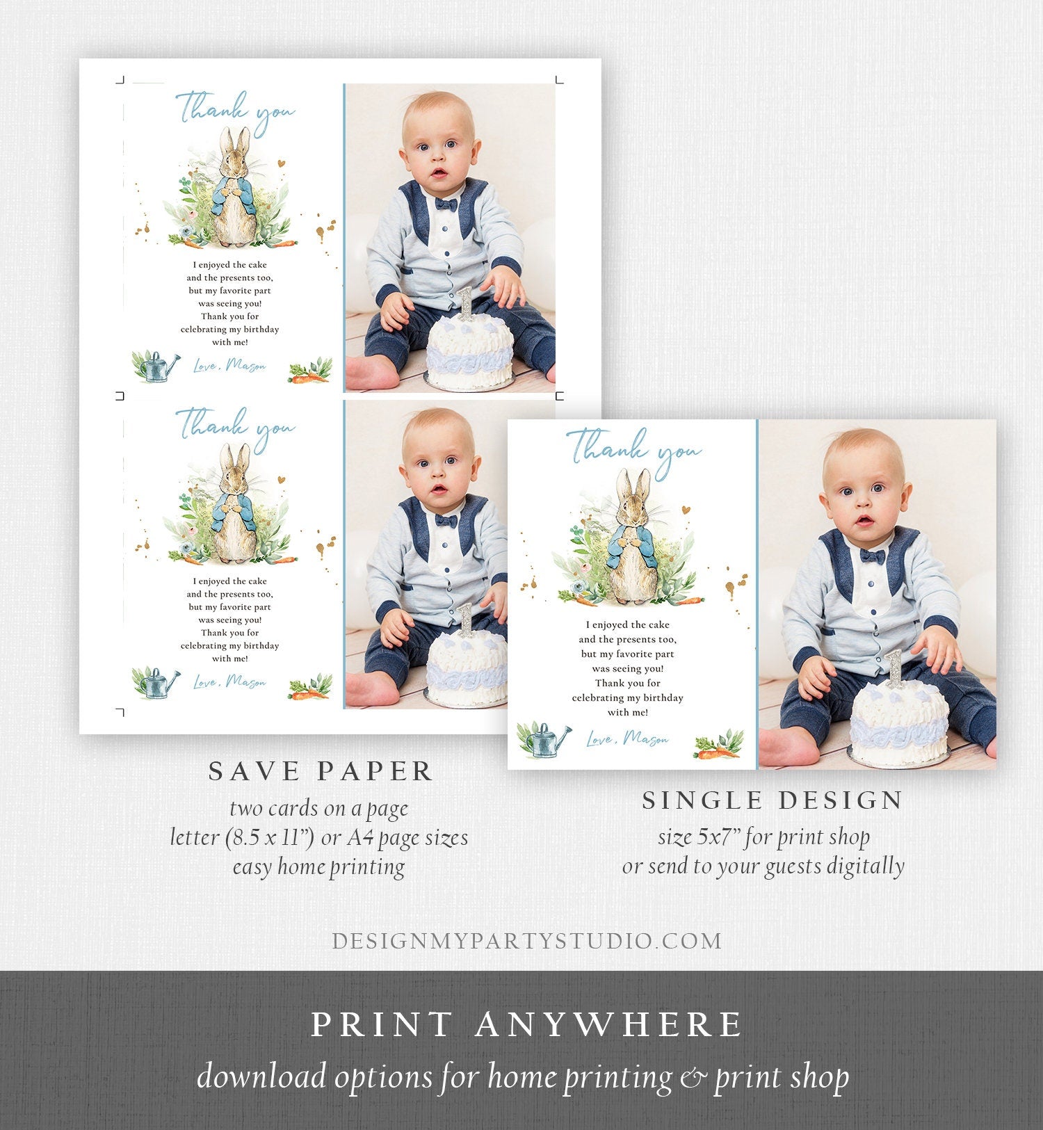 Editable Peter Rabbit Birthday Thank You Card Blue Boy Baby Shower Rustic Peter Rabbit Spring Bunny Digital Corjl Template Printable 0351