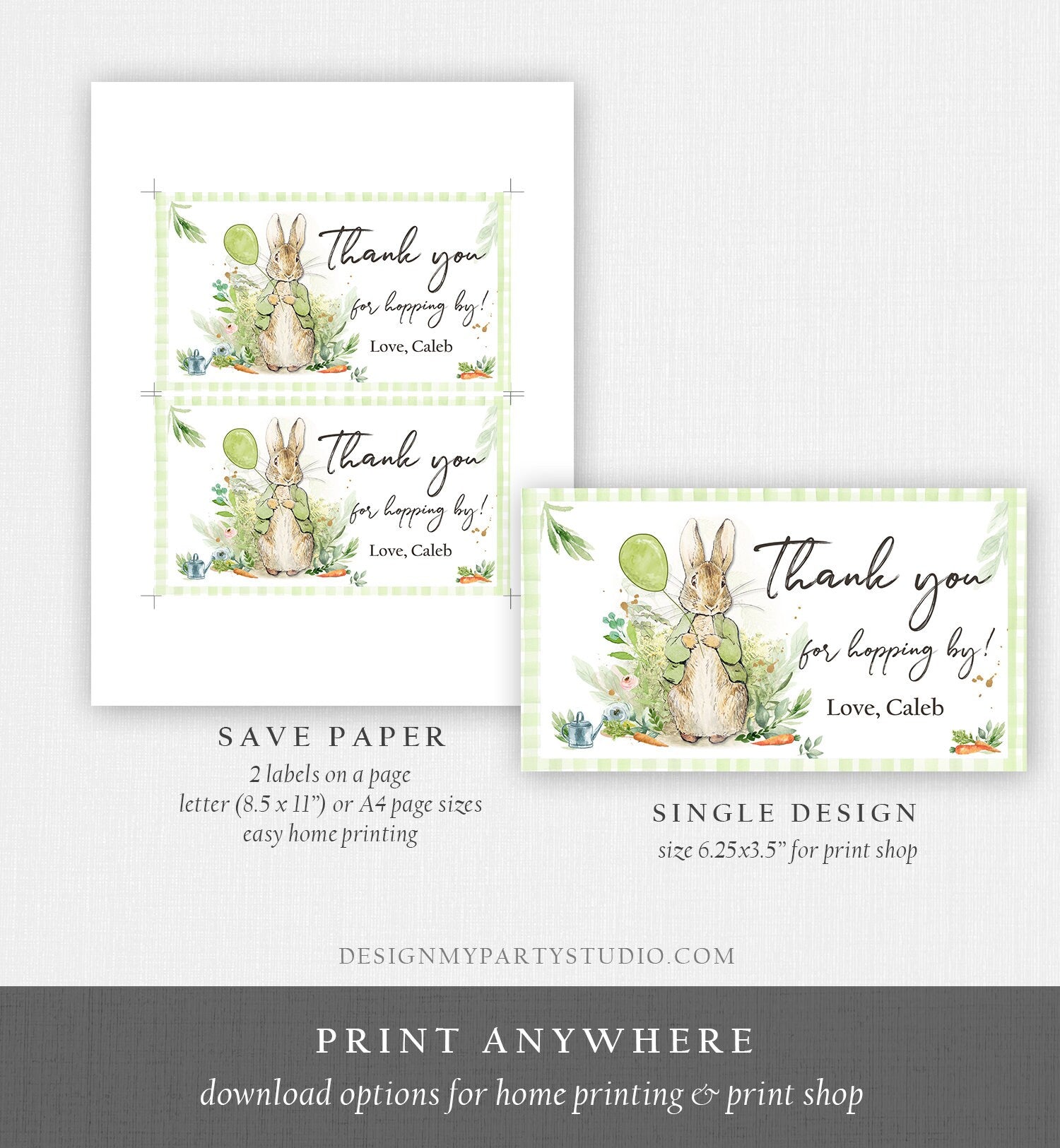 Editable Peter Rabbit Gable Gift Box Label Bunny Favors Peter Rabbit Birthday Thank You Hopping Neutral Green Download Printable Corjl 0351