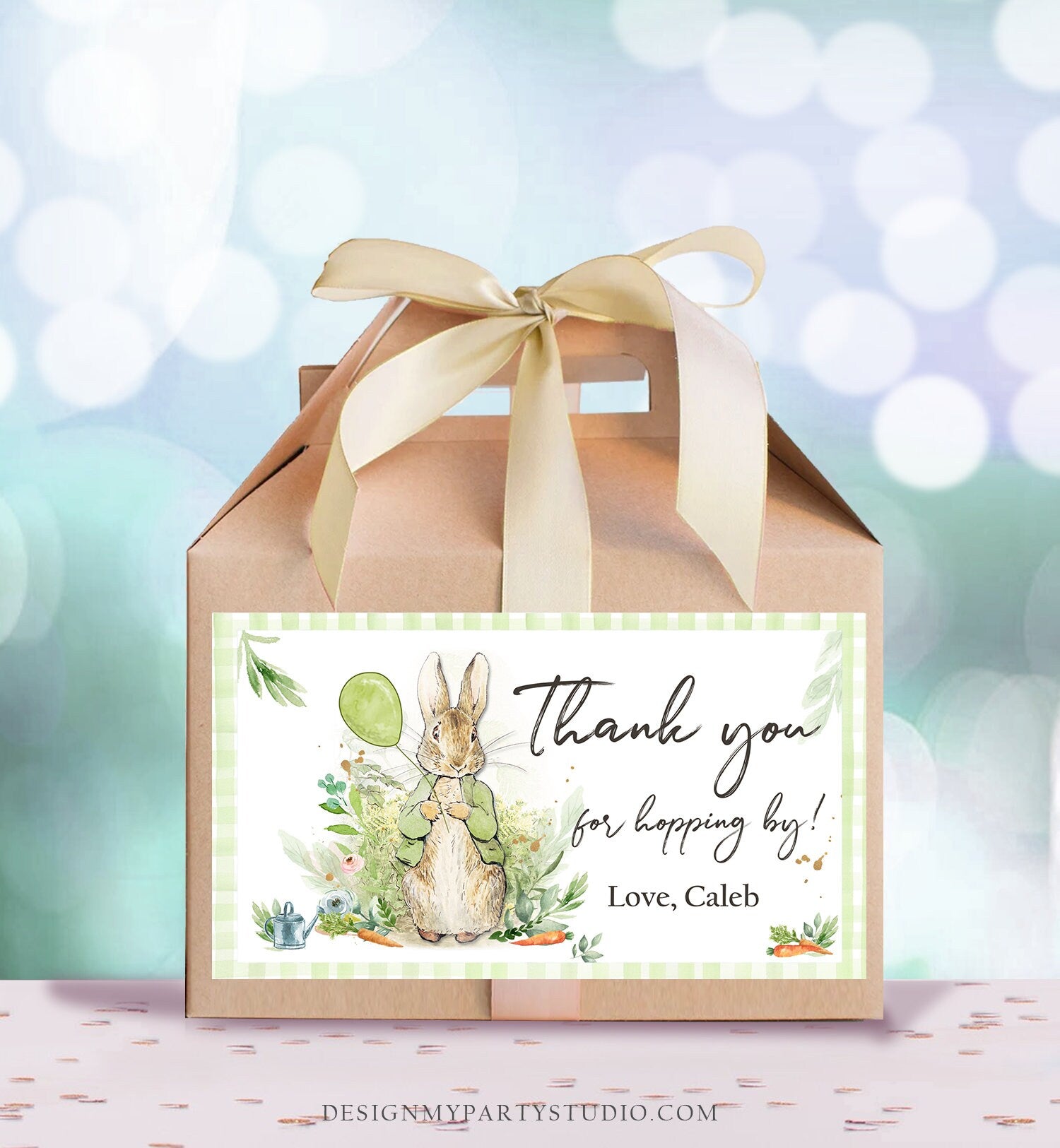 Editable Peter Rabbit Gable Gift Box Label Bunny Favors Peter Rabbit Birthday Thank You Hopping Neutral Green Download Printable Corjl 0351