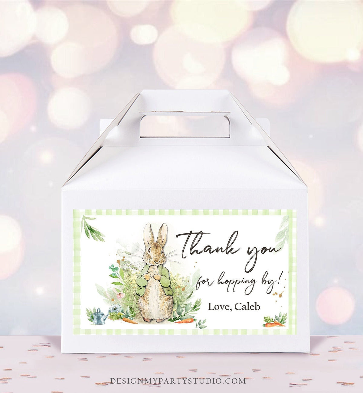 Editable Peter Rabbit Gable Gift Box Label Bunny Favors Peter Rabbit Baby Shower Thank You Hopping Neutral Download Printable Corjl 0351