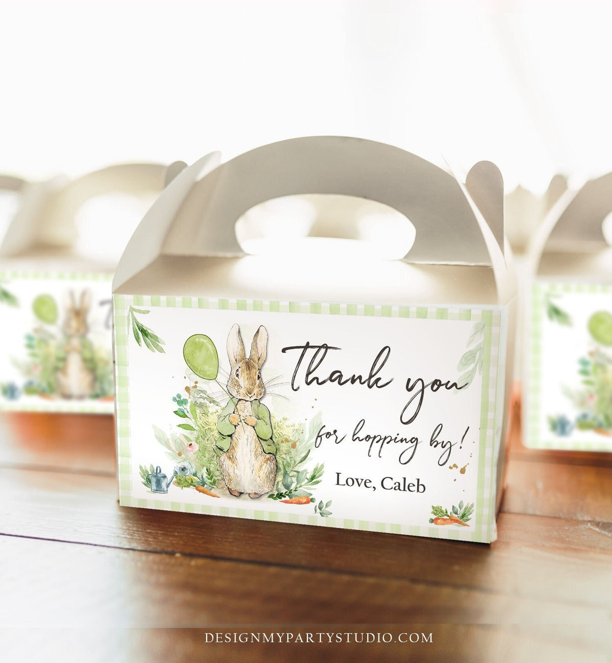 Editable Peter Rabbit Gable Gift Box Label Bunny Favors Peter Rabbit Birthday Thank You Hopping Neutral Green Download Printable Corjl 0351