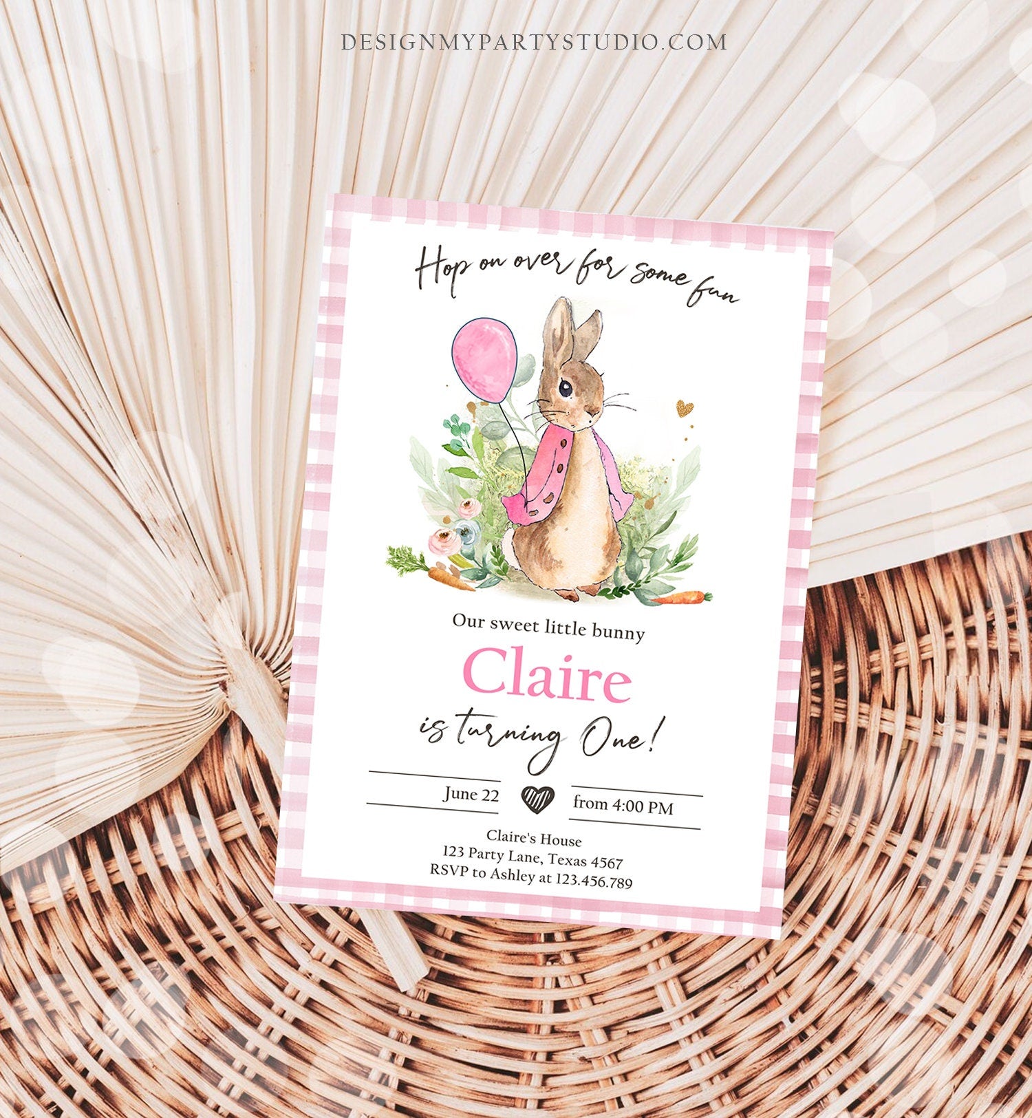 Editable Flopsy Bunny Birthday Invitation Girl Pink Rustic Peter Rabbit 1st Birthday Invite Hop on Over Corjl Template Printable 0351