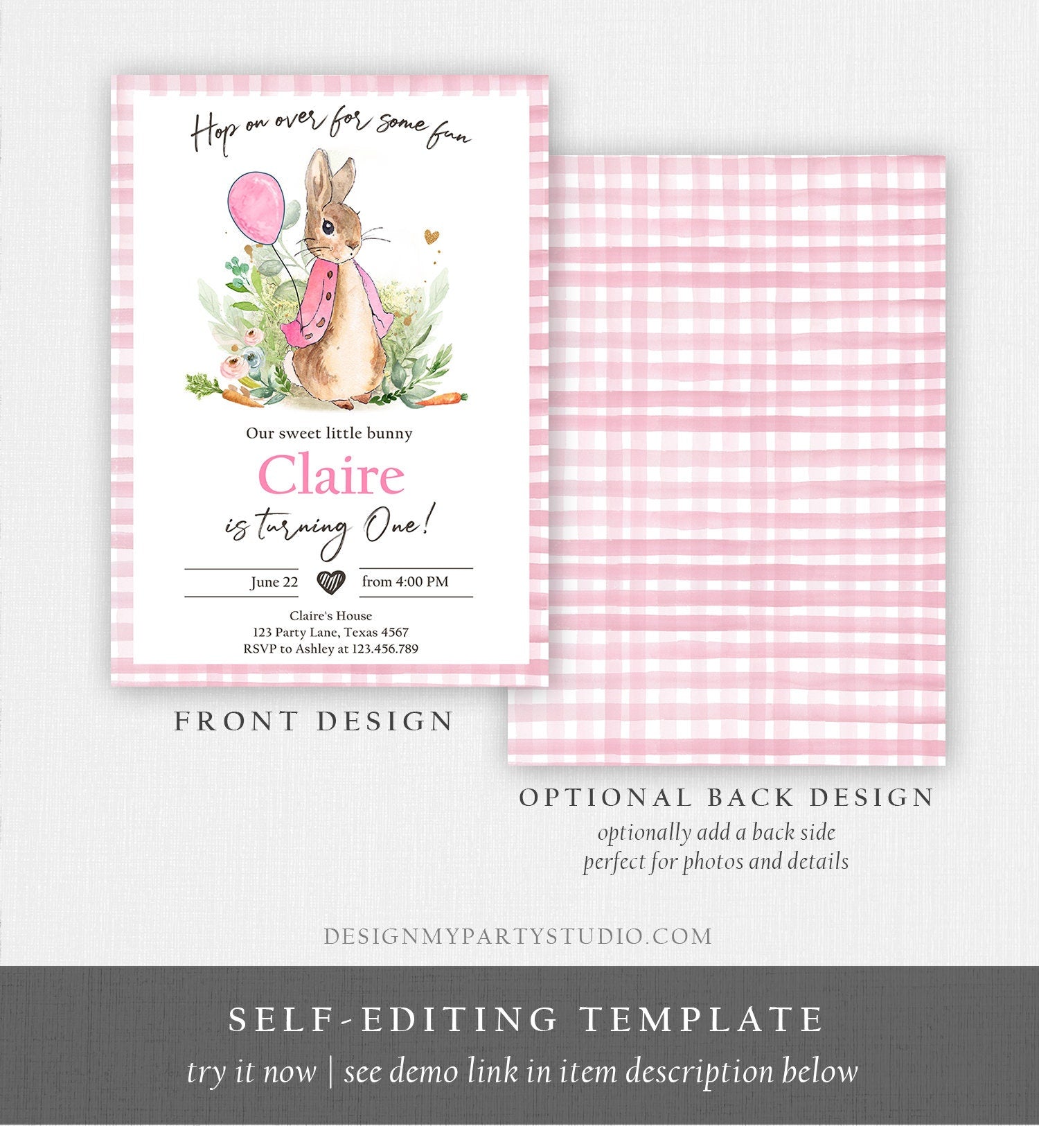 Editable Flopsy Bunny Birthday Invitation Girl Pink Rustic Peter Rabbit 1st Birthday Invite Hop on Over Corjl Template Printable 0351