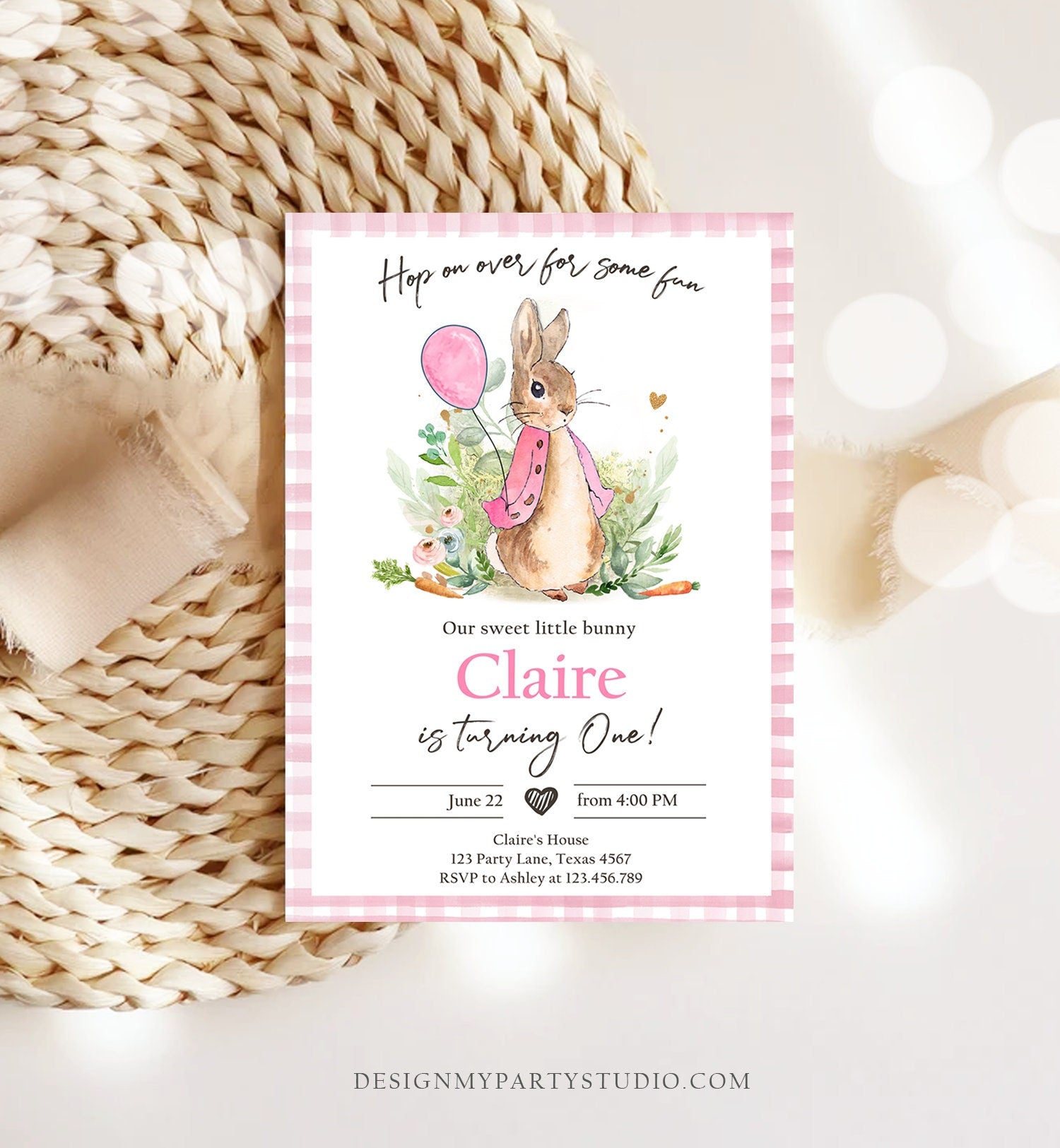 Editable Flopsy Bunny Birthday Invitation Girl Pink Rustic Peter Rabbit 1st Birthday Invite Hop on Over Corjl Template Printable 0351