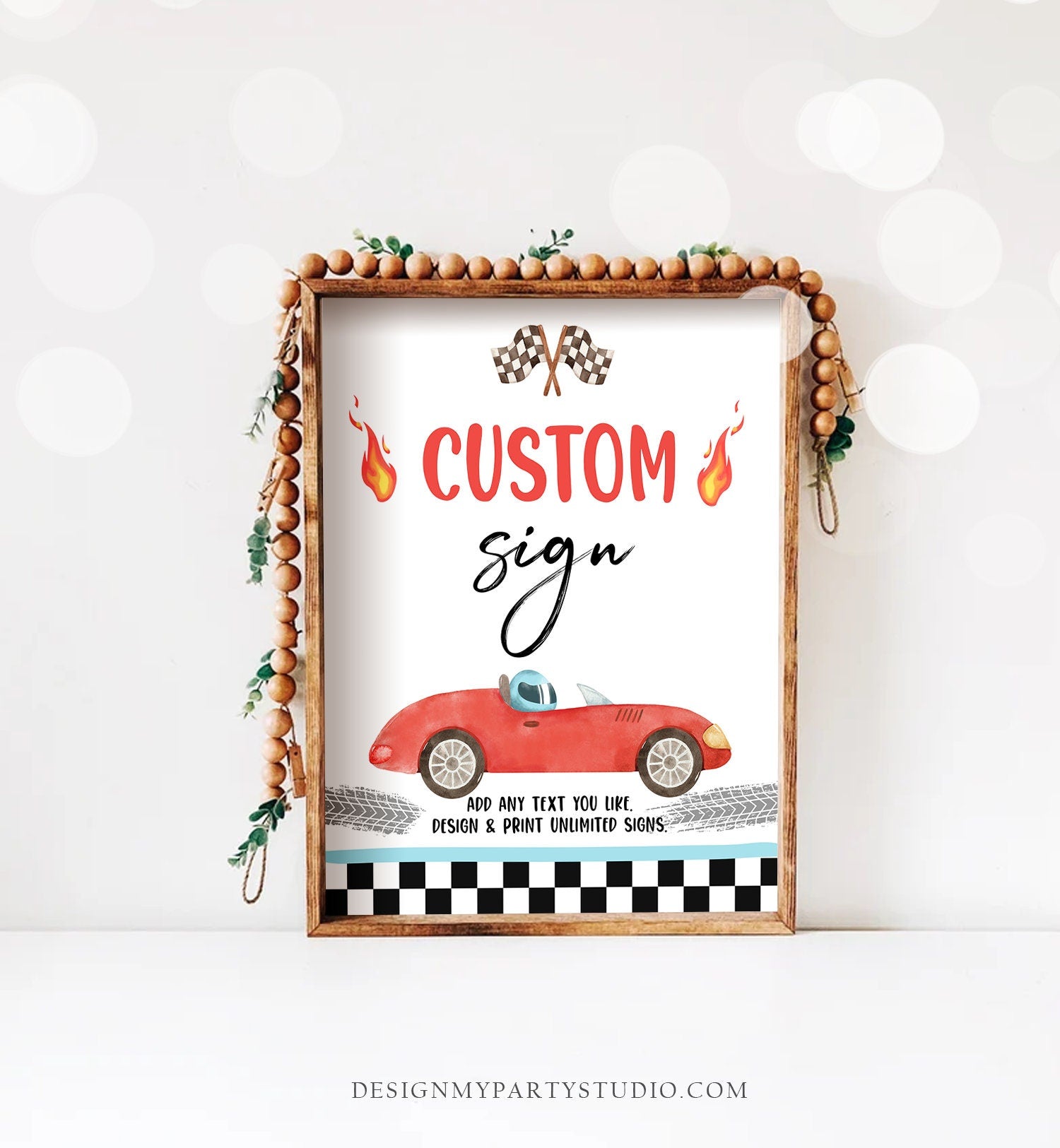 Editable Custom Sign Race Car Birthday Two Fast 2 Curious Racing Vintage Cars Red Boy Party 8x10 Download Corjl Template PRINTABLE 0424