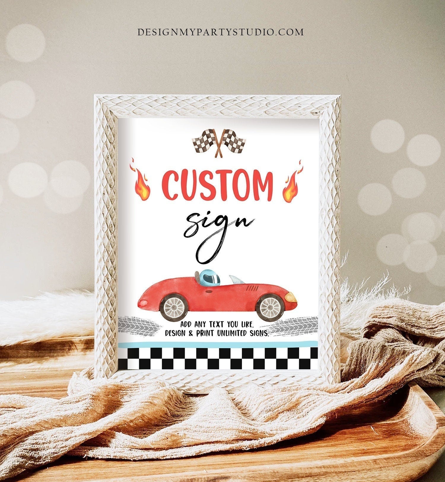 Editable Custom Sign Race Car Birthday Two Fast 2 Curious Racing Vintage Cars Red Boy Party 8x10 Download Corjl Template PRINTABLE 0424