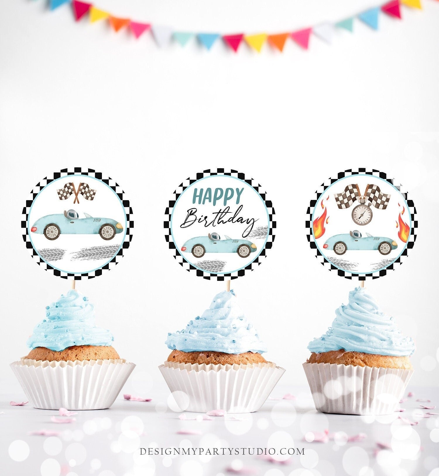 Racing Car Birthday Cupcake Toppers Vintage Race Car Blue Boy Two Fast Two Curious Favor Tag Stickers Instant Download PRINTABLE 0424