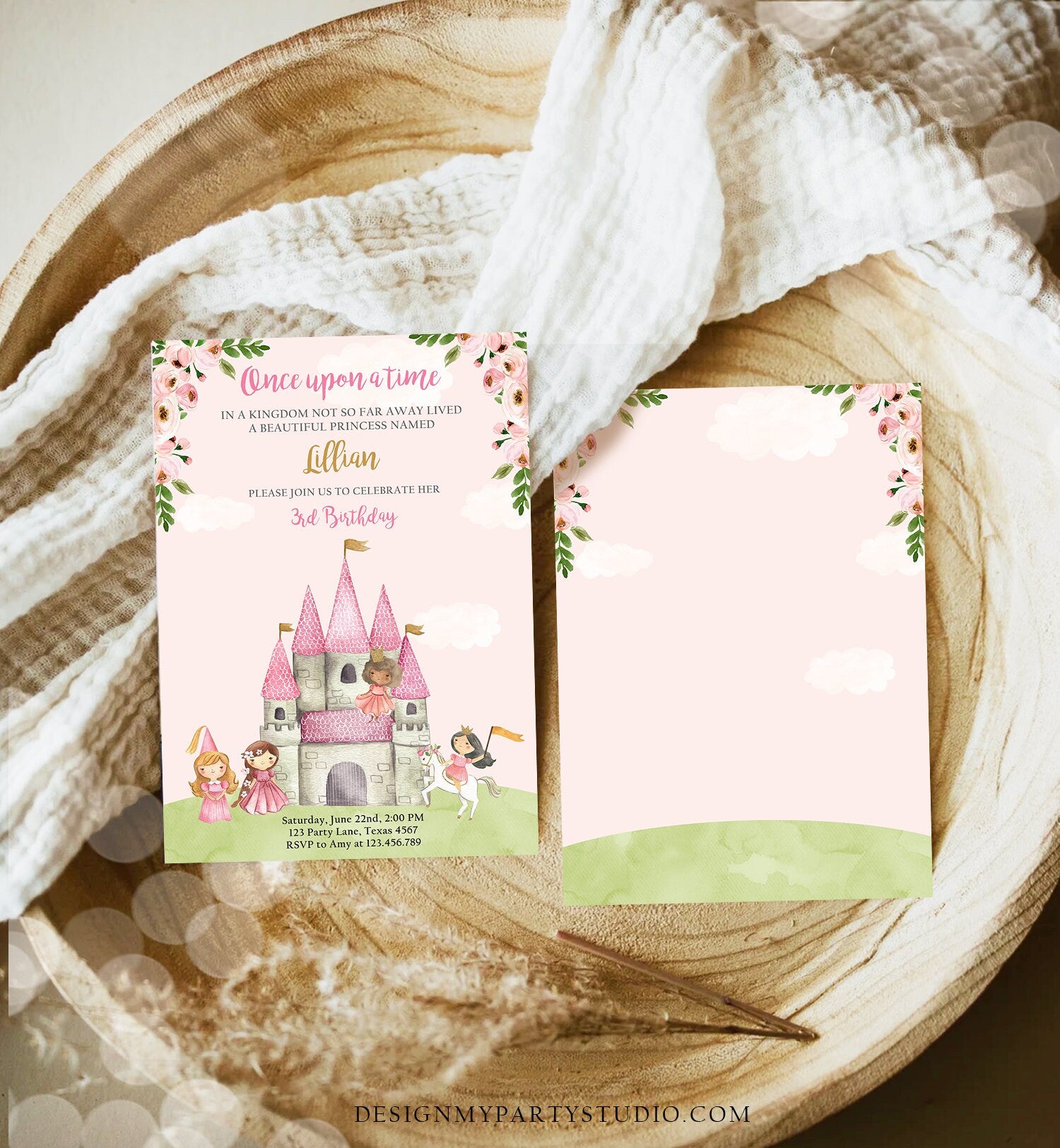 Editable Princess Birthday Invitation Once Upon a Time Princess Invitation Royal Birthday Girl Pink Castle Template Corjl Printable 0171