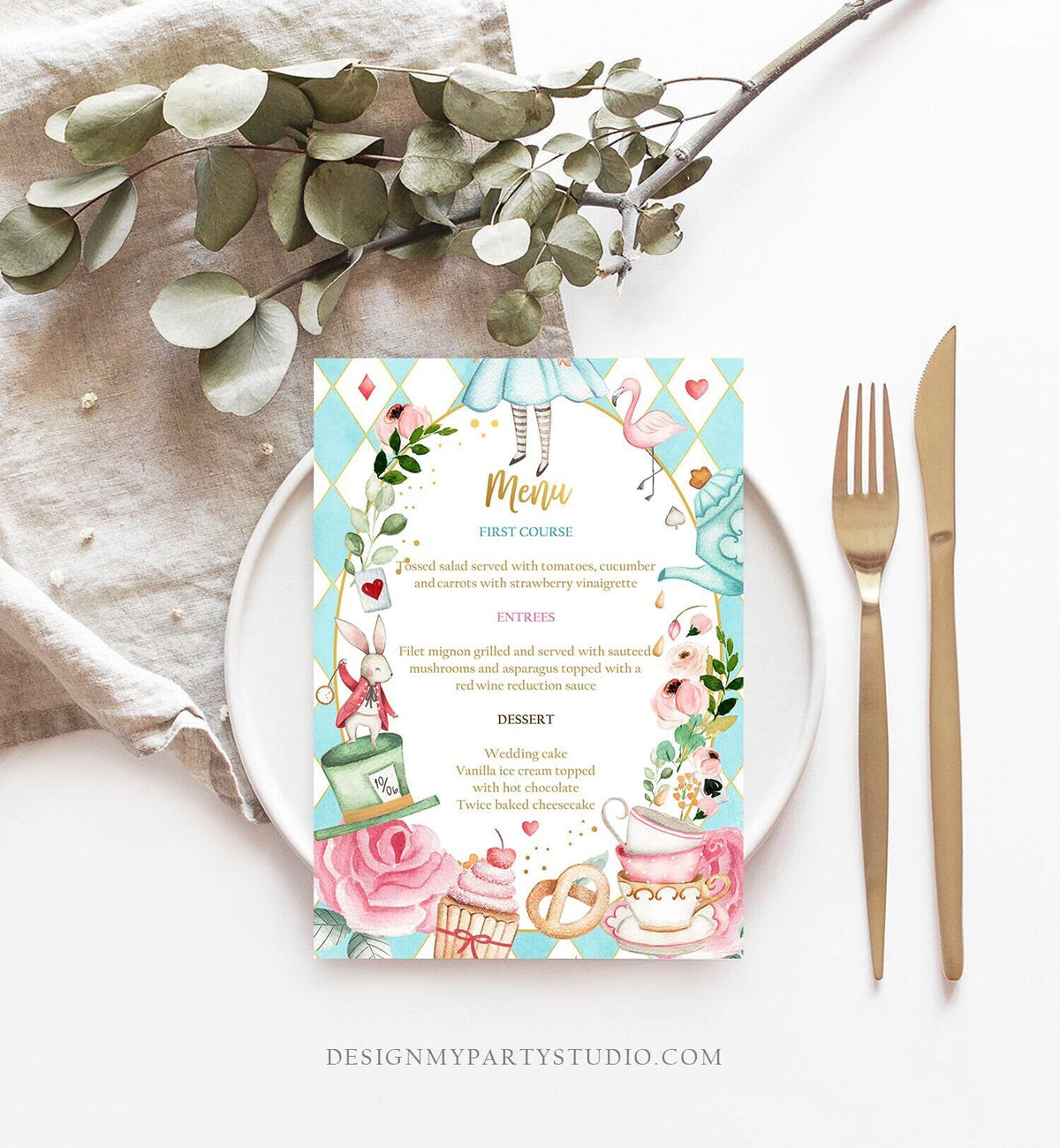 Editable Alice in Wonderland Menu Card Alice in Onederland Birthday Pink Menu Alice Decor Tea Party Download Corjl Template Printable 0350