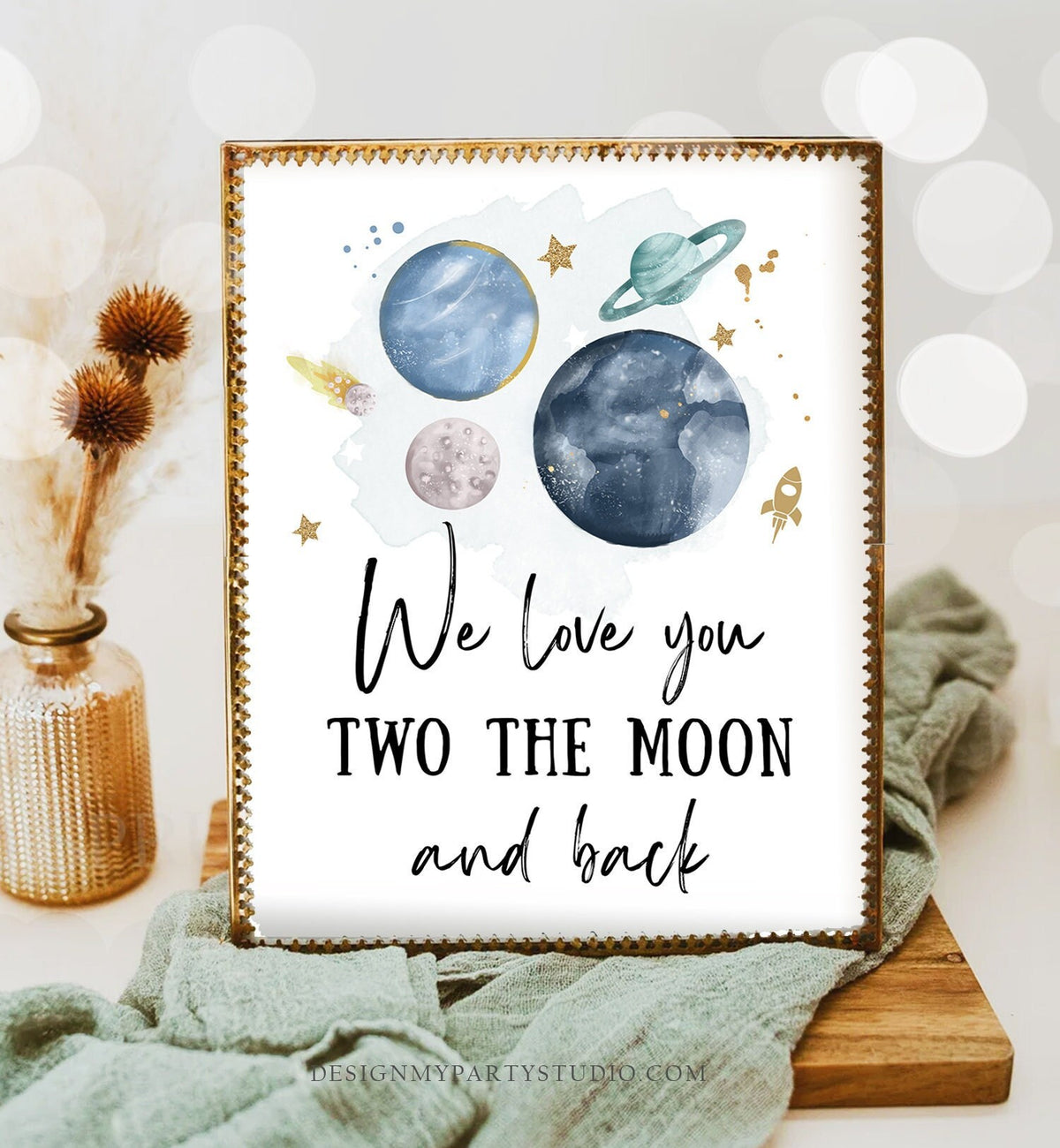 Space Birthday Party Decor We Love You Two The Moon Sign Outer Space Birthday Twins Galaxy Photo Prop Planets Nursery Decor PRINTABLE 0357