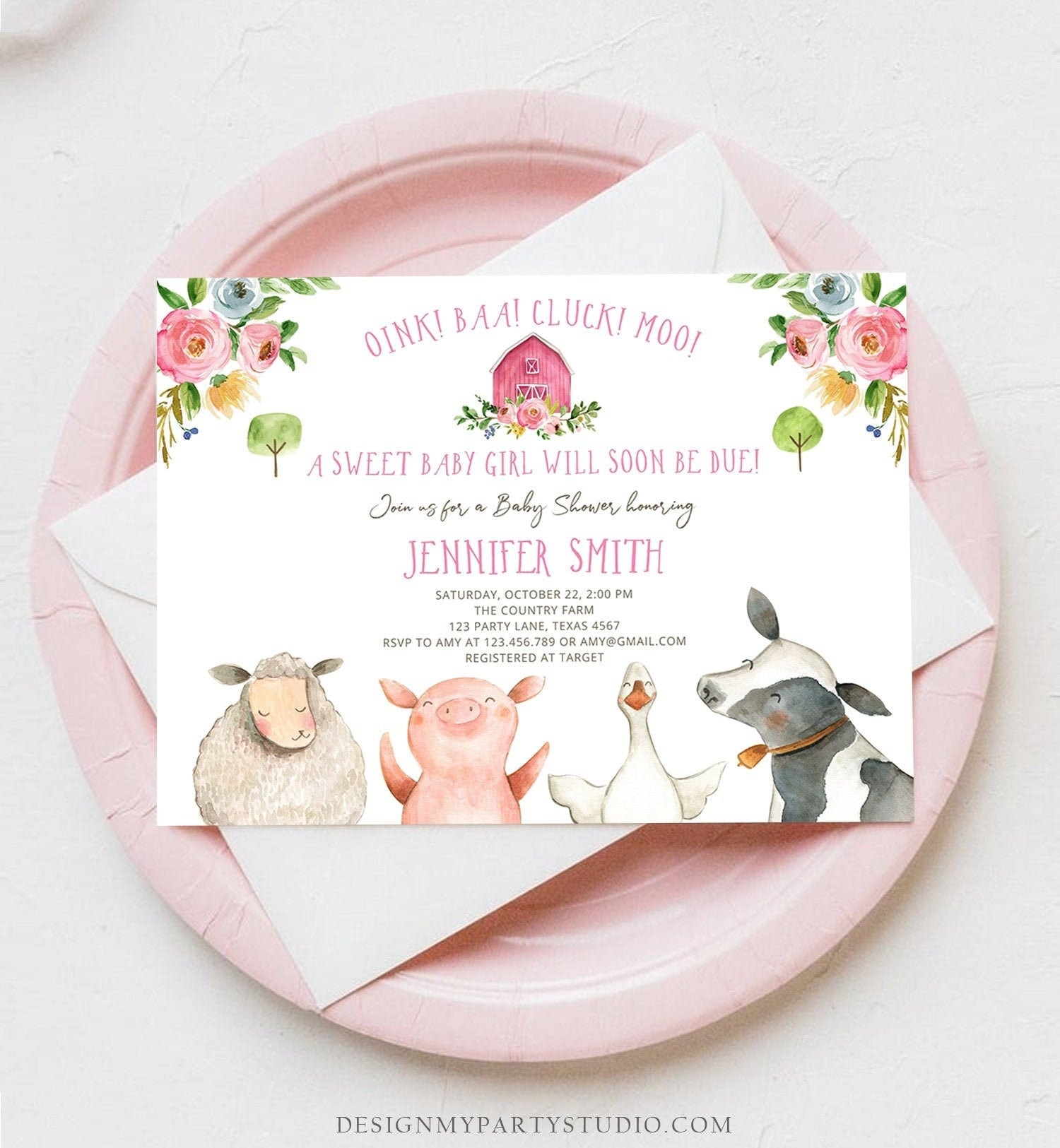 Editable Farm Baby Shower Invitation Girl Farm Animals Pink Barnyard Sprinkle Watercolor Digital Download Corjl Template Printable 0155