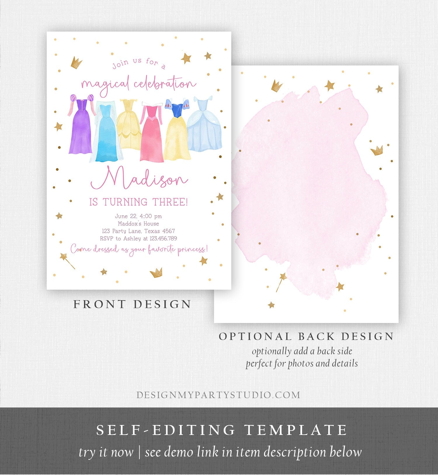 Editable Princess Birthday Invitation Princess Dress-Up Invite Royal Birthday Girl Pink Princess Dresses Template Corjl Printable 0462