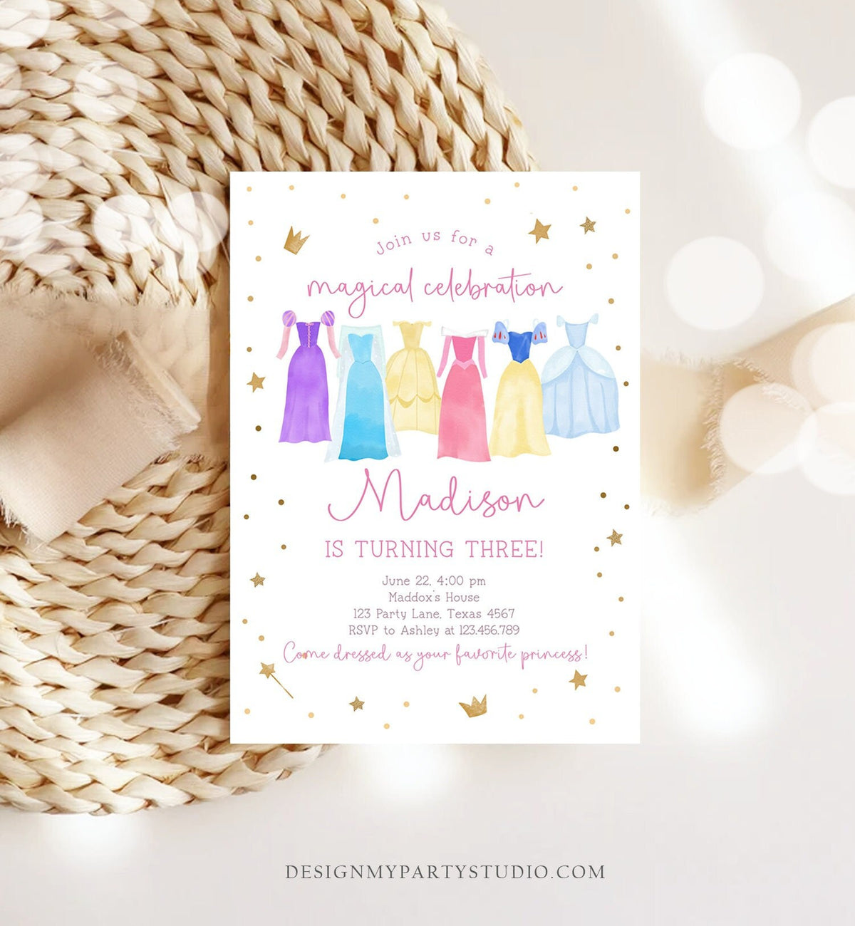 Editable Princess Birthday Invitation Princess Dress-Up Invite Royal Birthday Girl Pink Princess Dresses Template Corjl Printable 0462