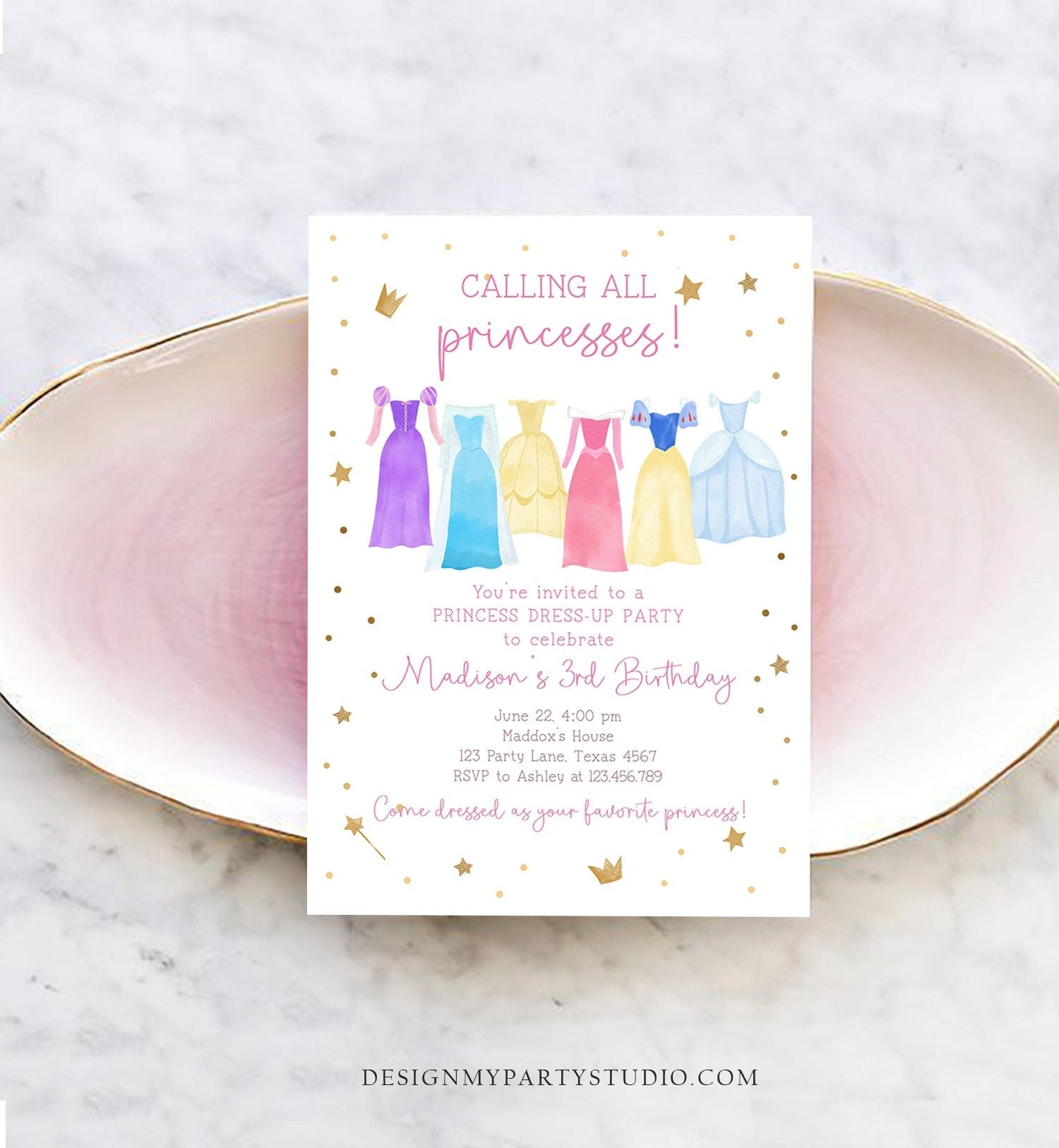 Editable Princess Birthday Invitation Princess Dress-Up Invite Royal Birthday Girl Pink Princess Dresses Template Corjl Printable 0462