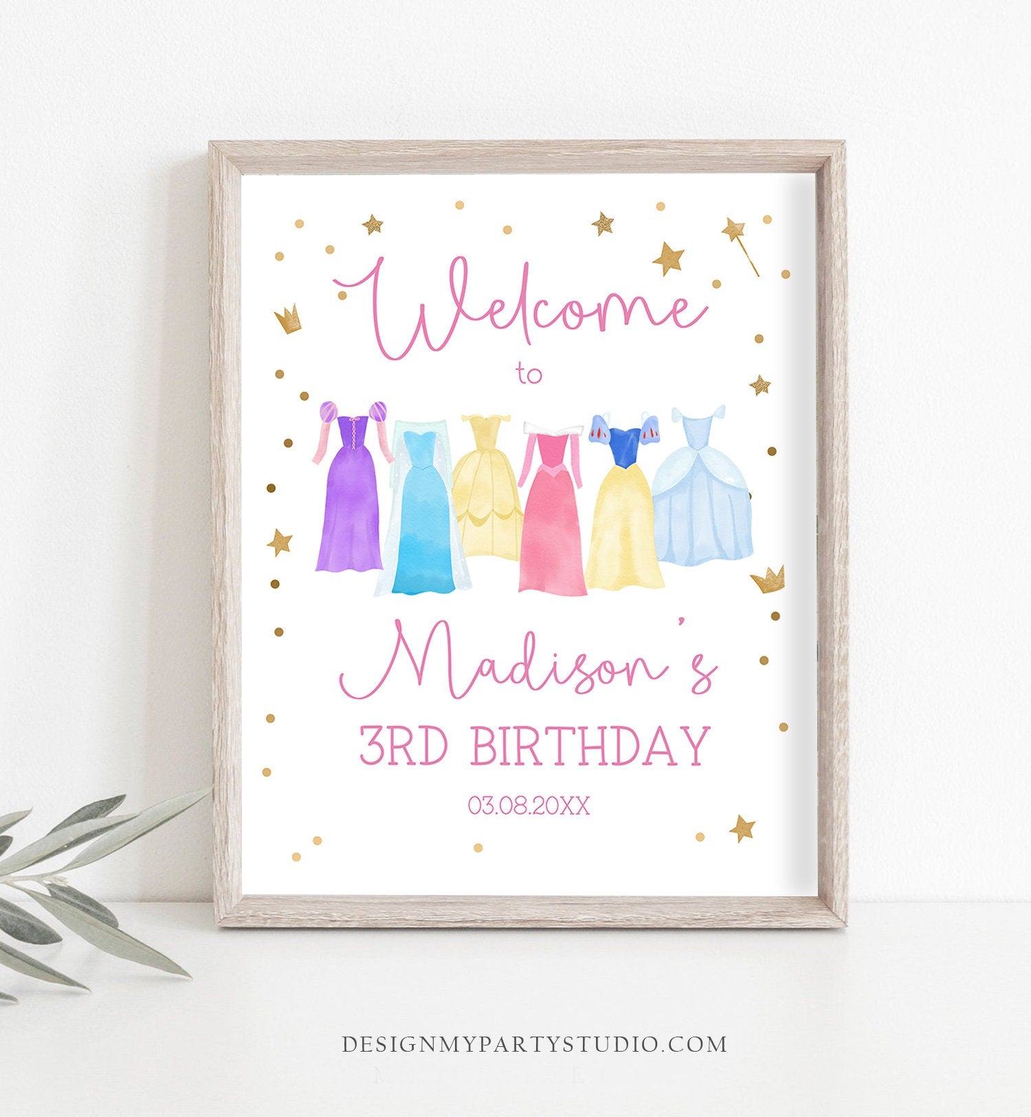 Editable Princess Birthday Welcome Sign Girl Princess Welcome Royal Dress-up Party Costume Pink Gold Girls Template Corjl PRINTABLE 0462