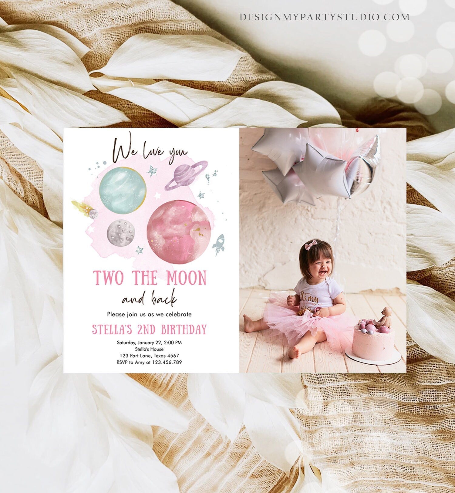 Editable Two the Moon 2nd Birthday Invitation Girl Pink Silver Space Love You Moon Galaxy Download Printable Template Digital Corjl 0357